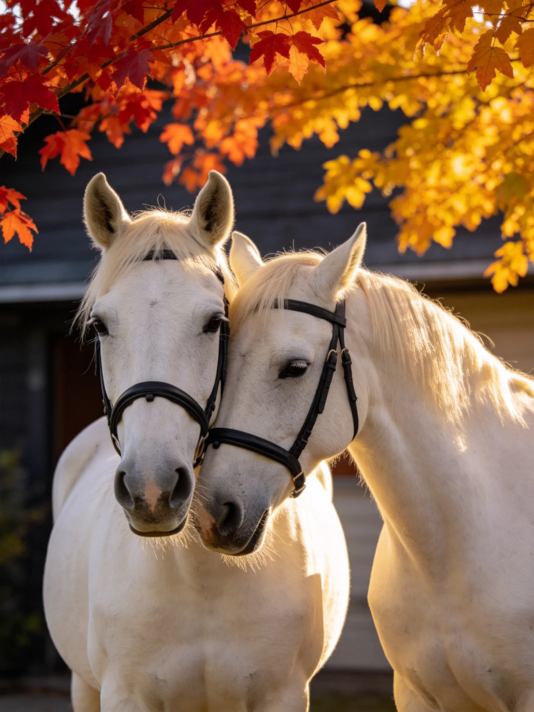 Two white horses nuzzle near red and golden autumn leaves