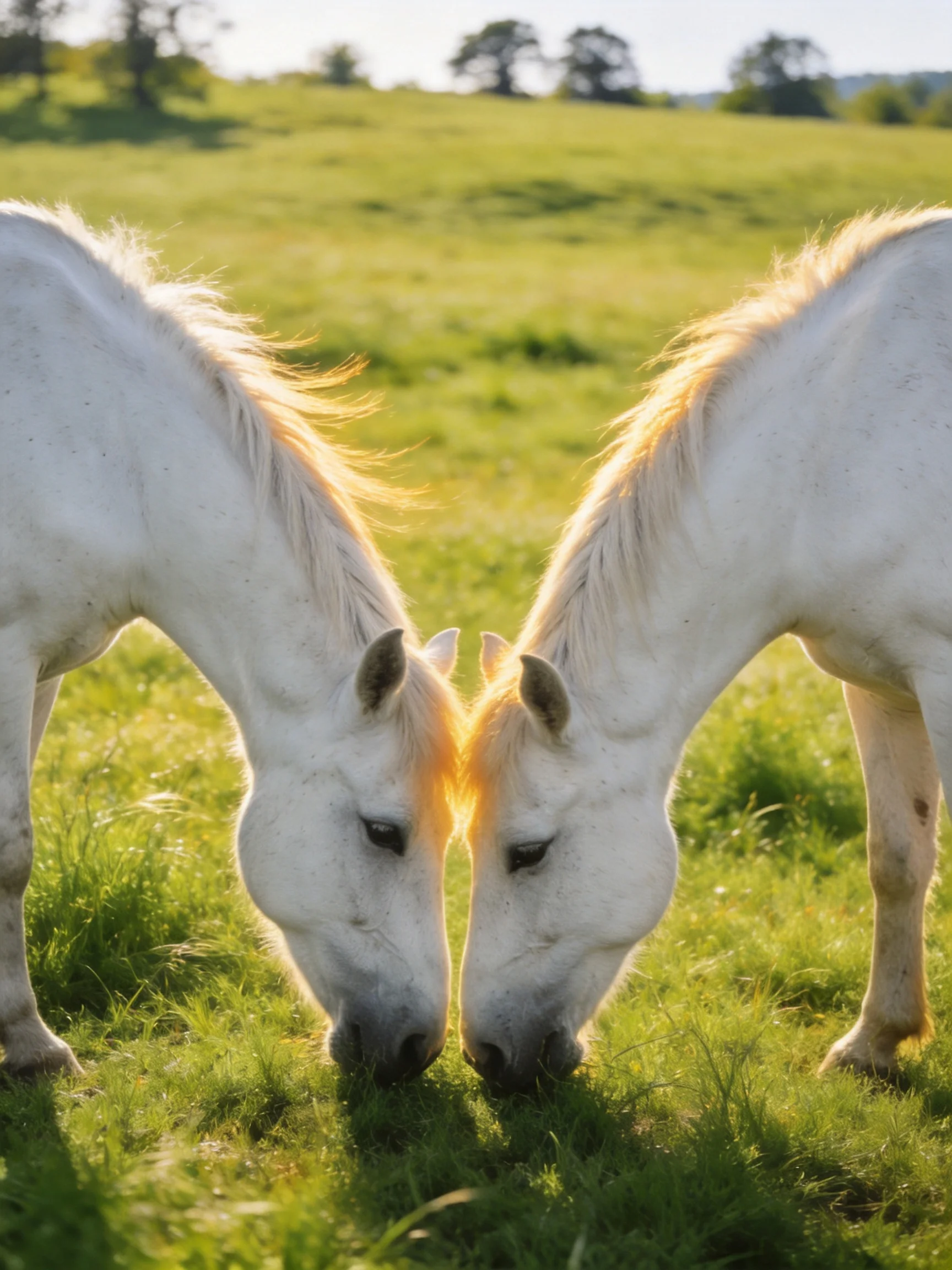 Two white horses nuzzling heads in a sunlit green meadow