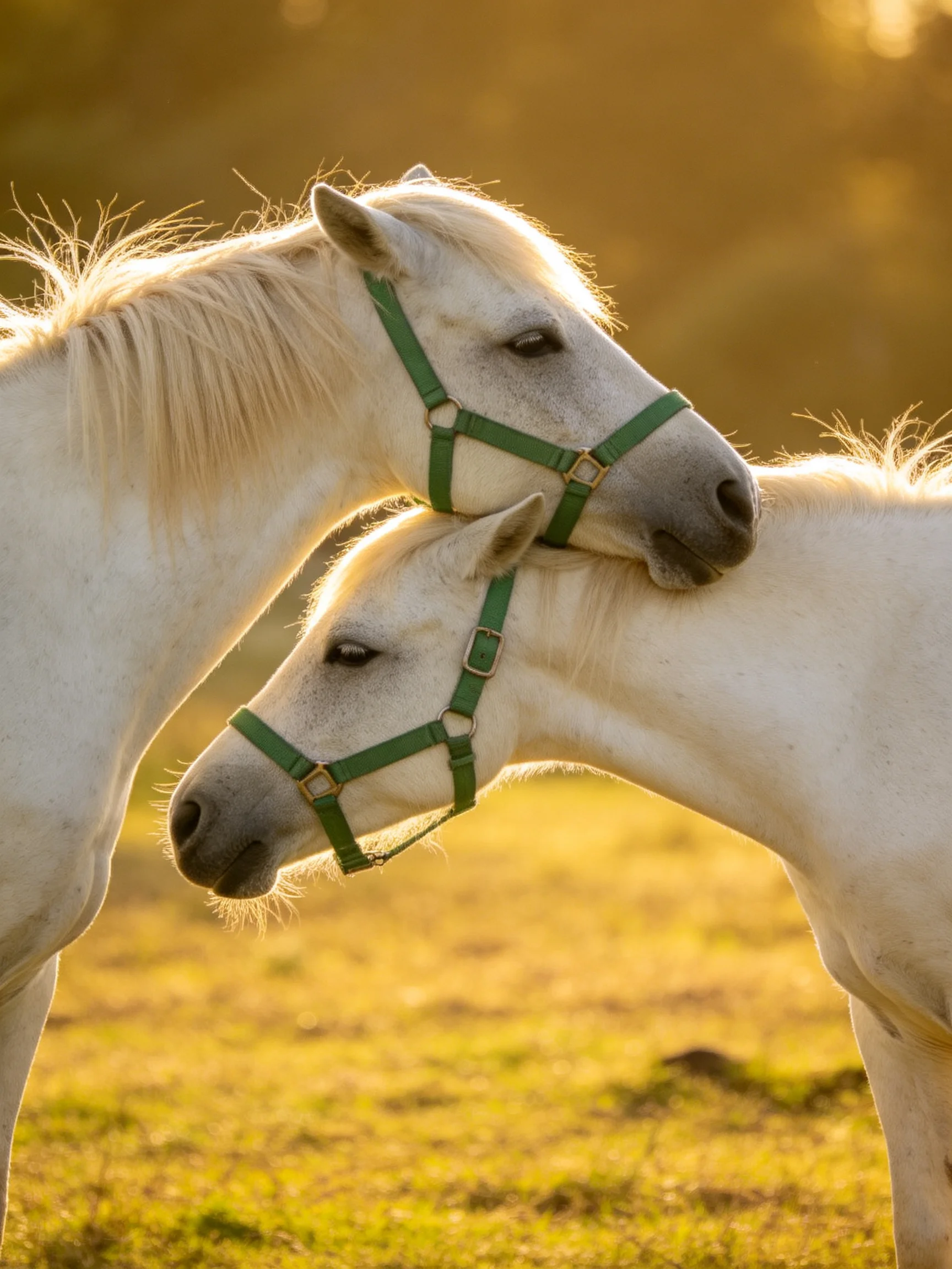 Two white horses nuzzling with green halters in a sunlit meadow