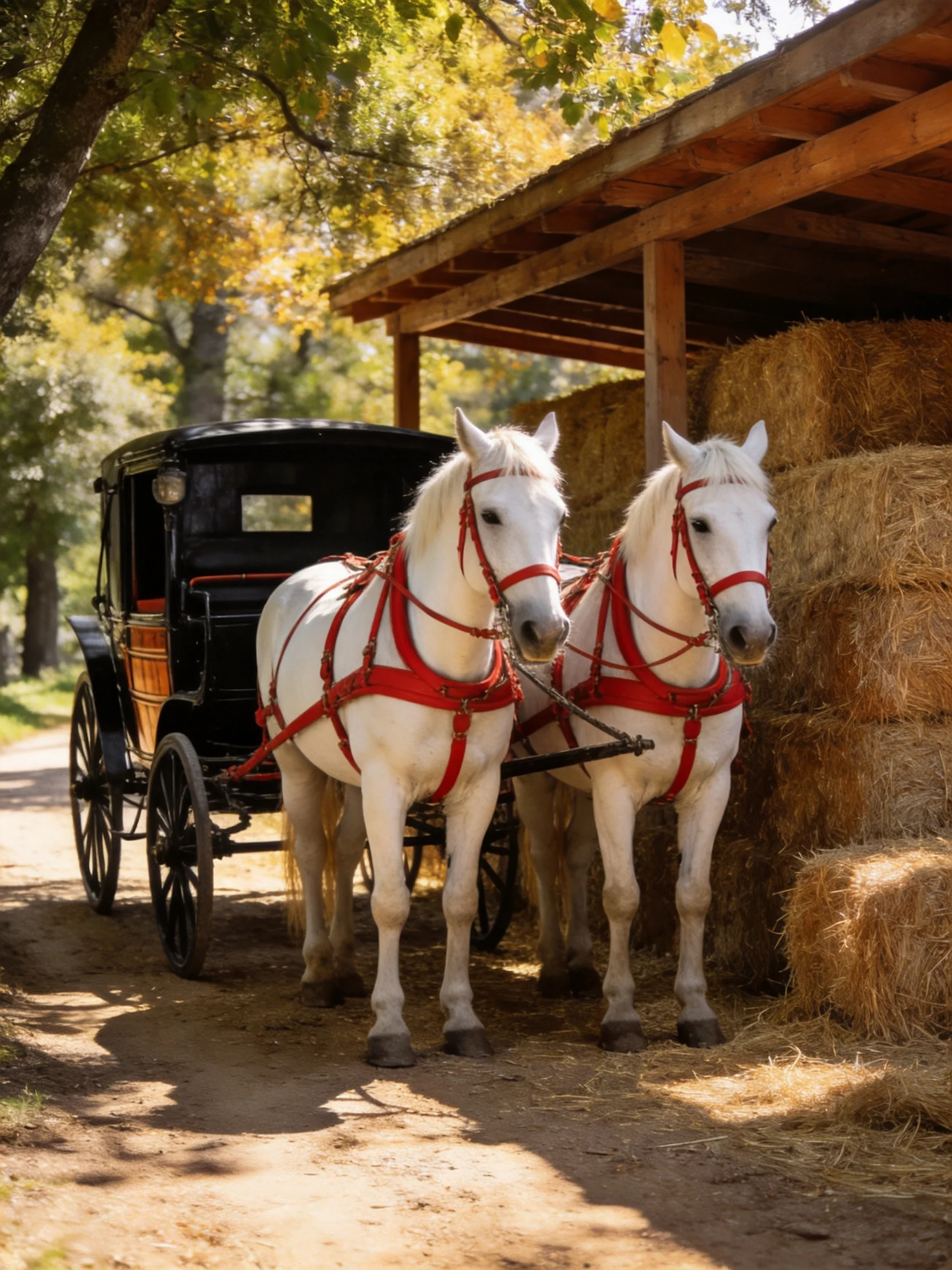 Two white horses pull a black carriage near stacked hay bales