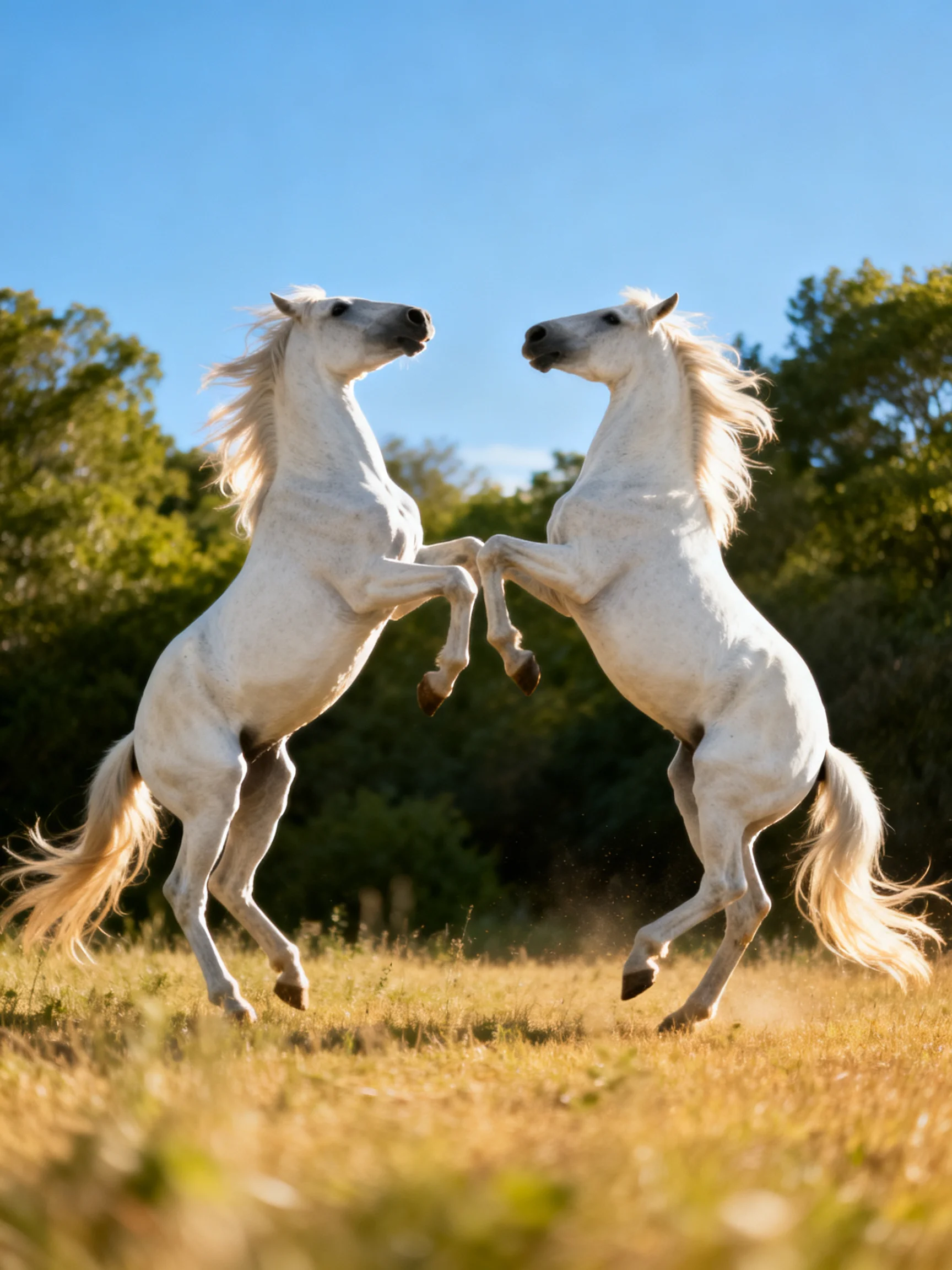 Two white horses rearing in a sunlit open field