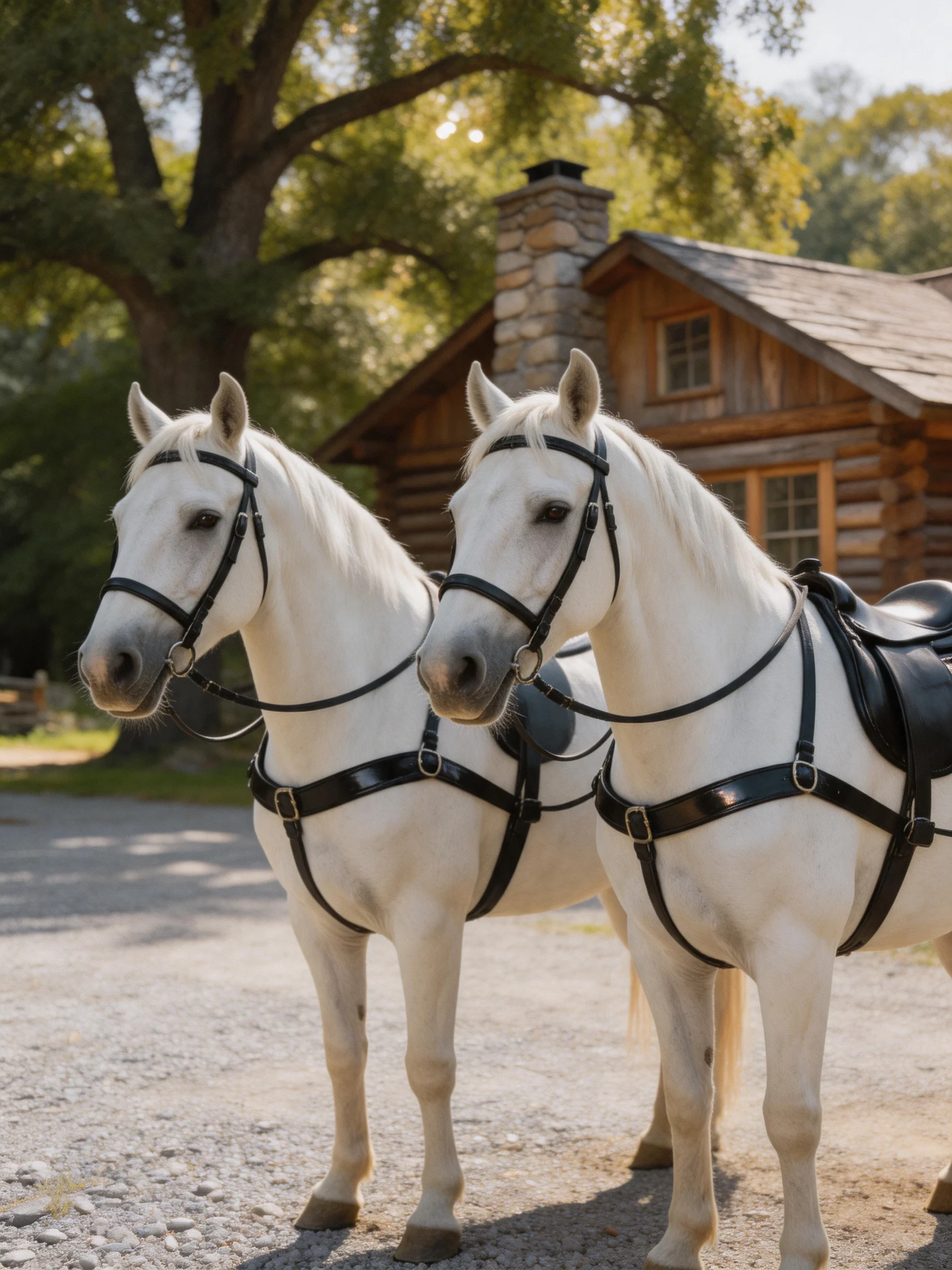 Two white horses stand beside a rustic log cabin