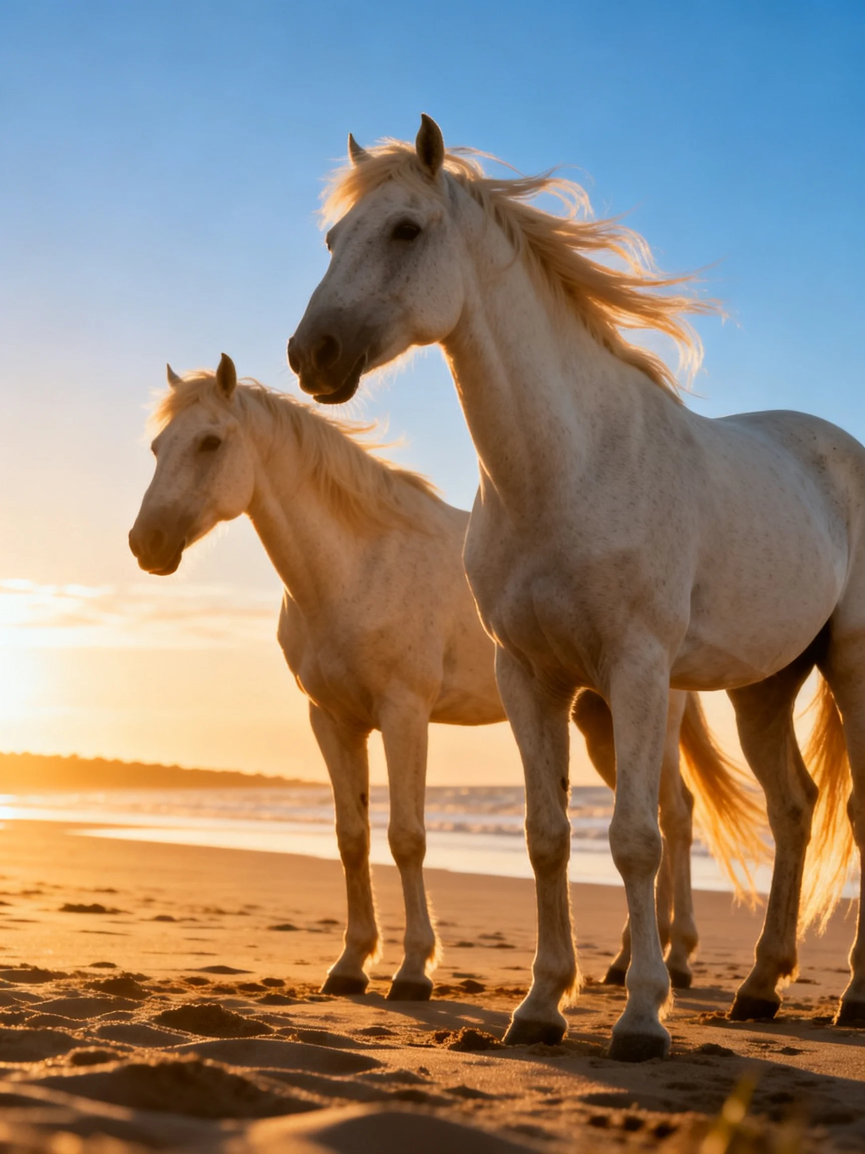 Two white horses stand on a sandy beach at sunset