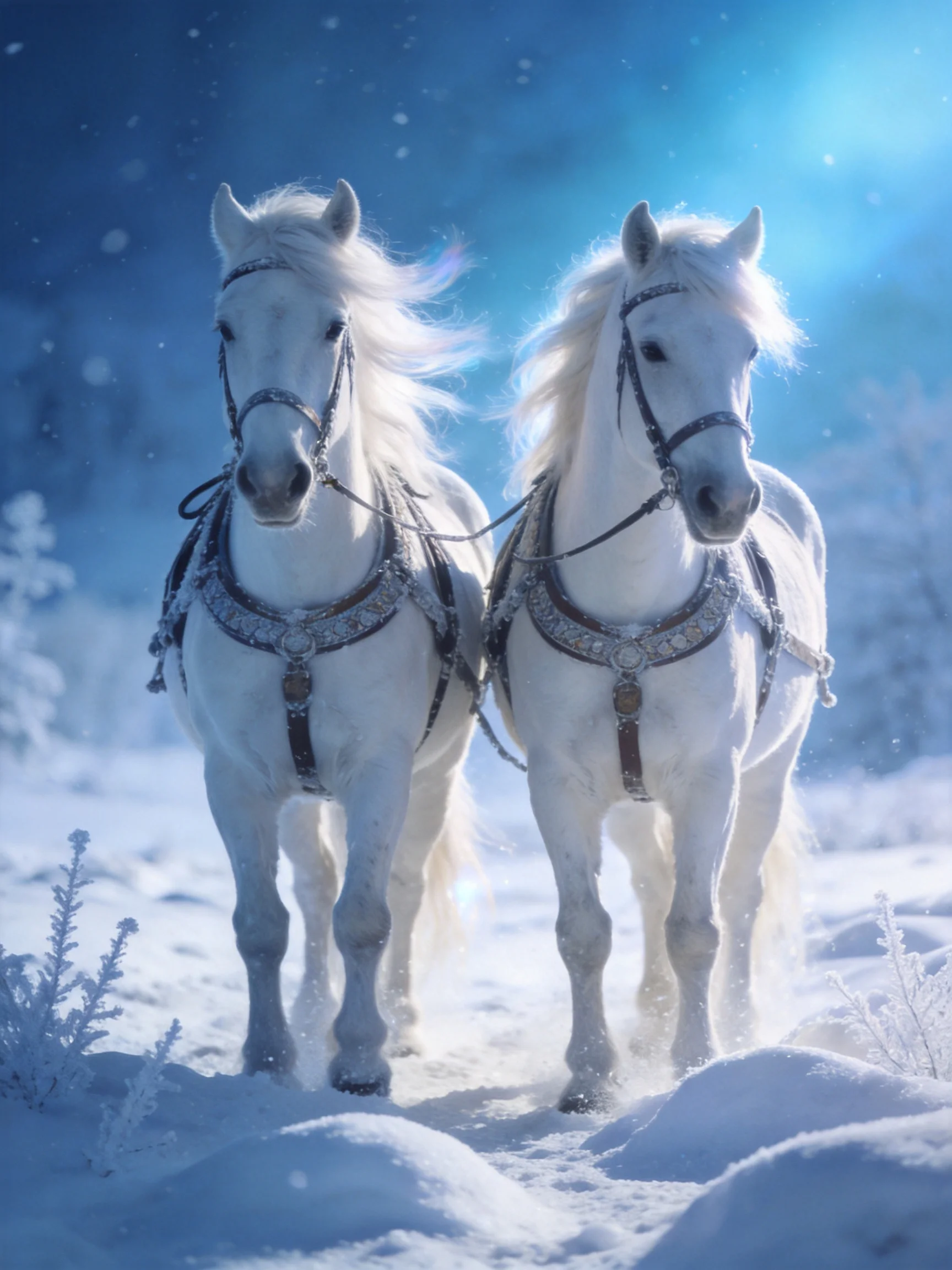Two white horses trotting through a snow - covered winter landscape