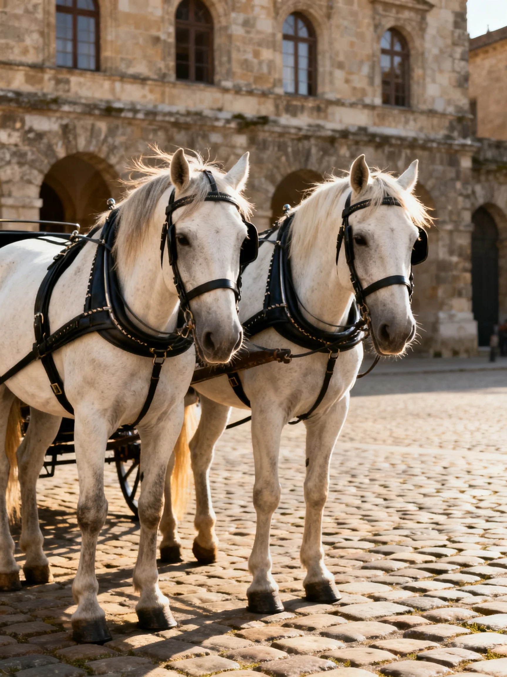 Two white horses with harnesses stand beside an old stone building.