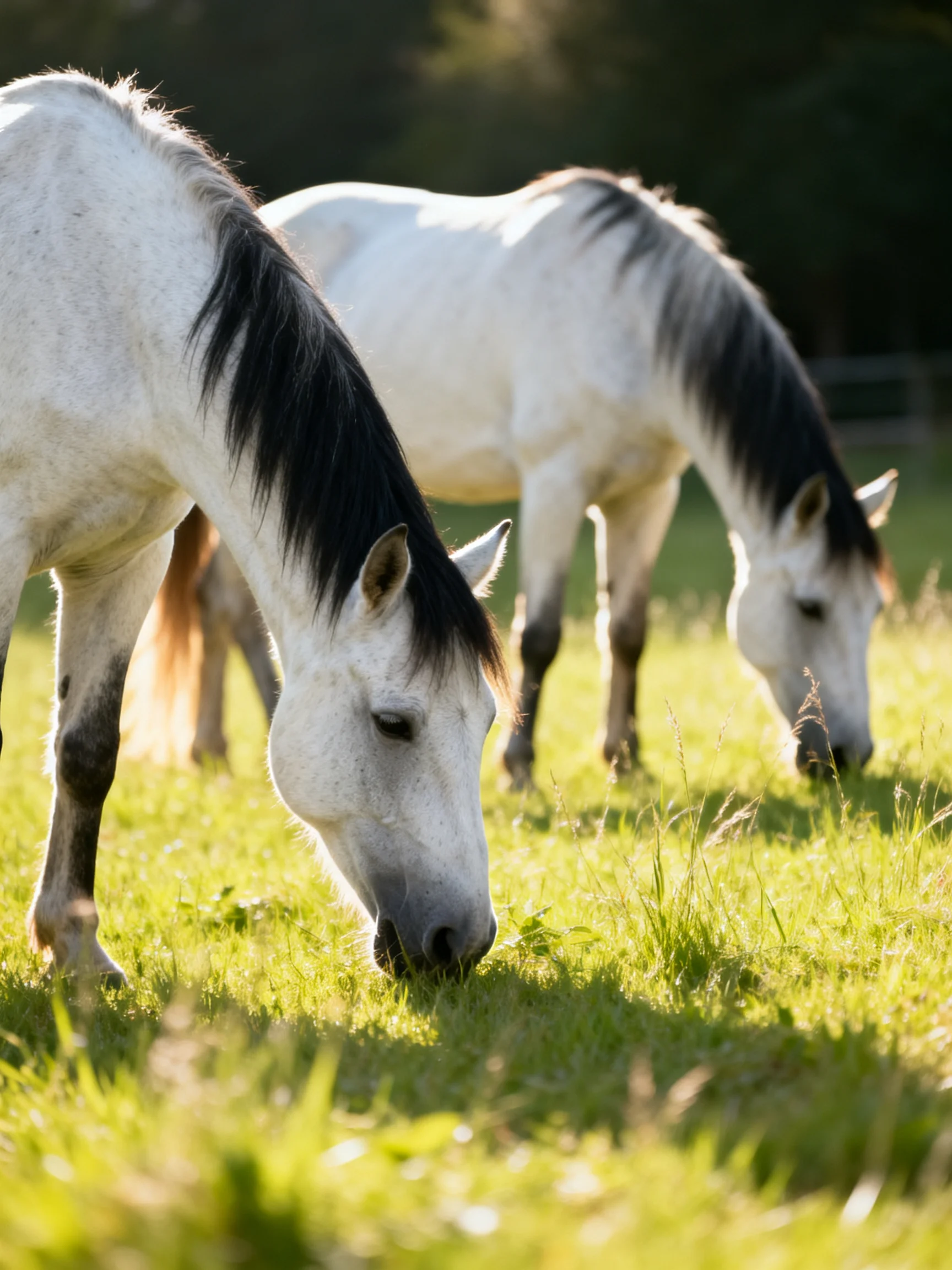 Two white horses graze in a sunlit meadow with lush green grass.
