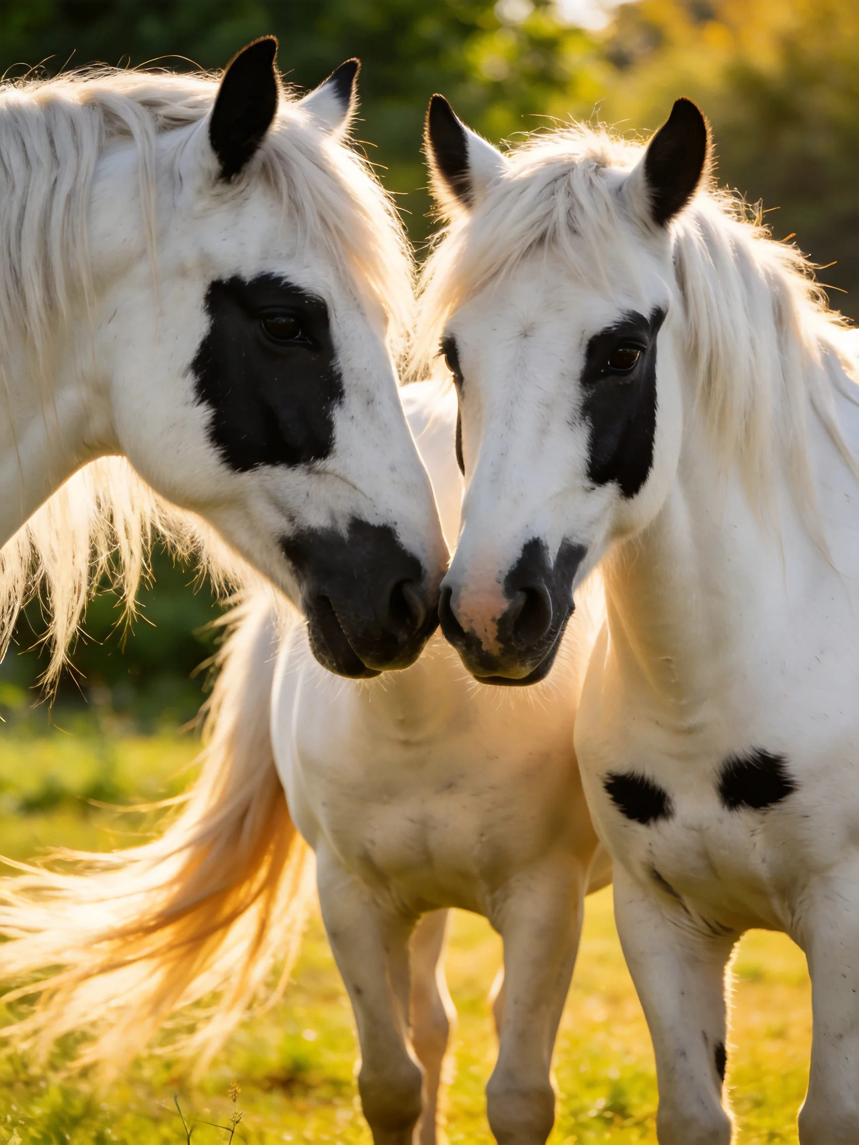 Two white horses with black facial markings nuzzle closely in a sunlit outdoor setting.