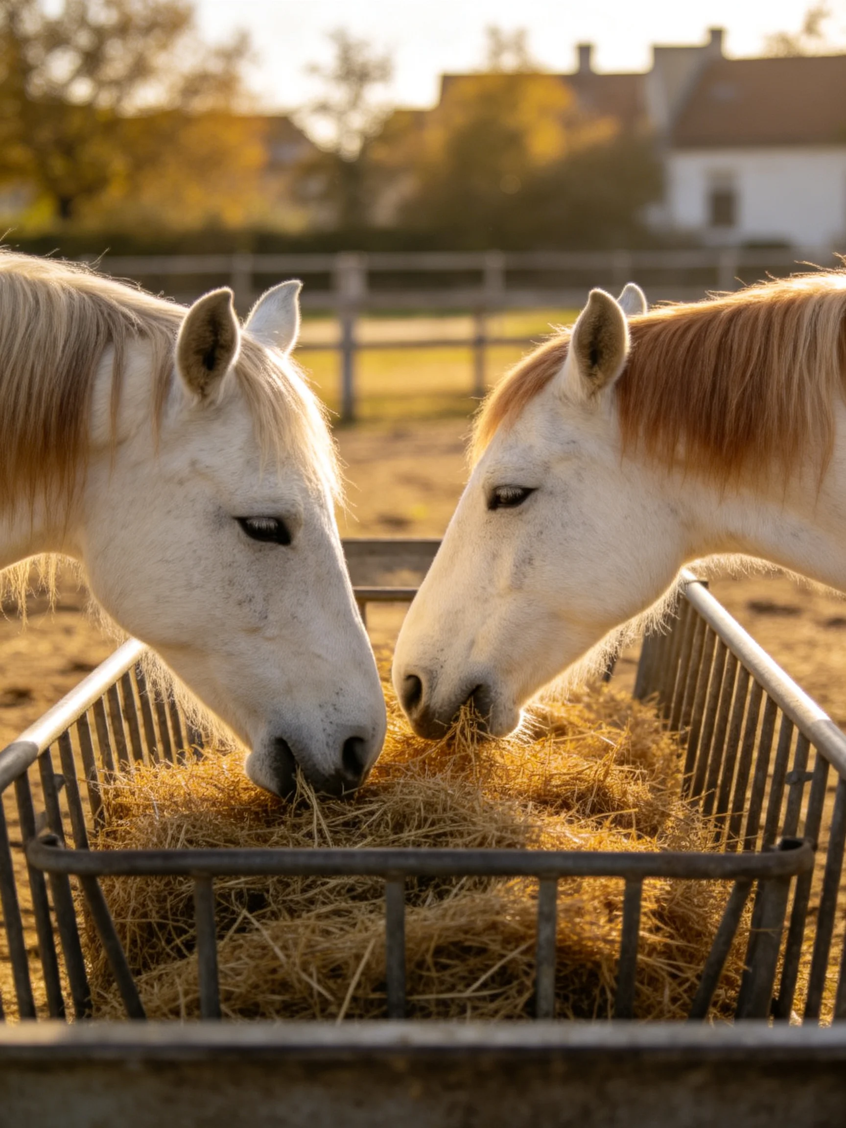 Two white horses eat hay together from a metal container outside