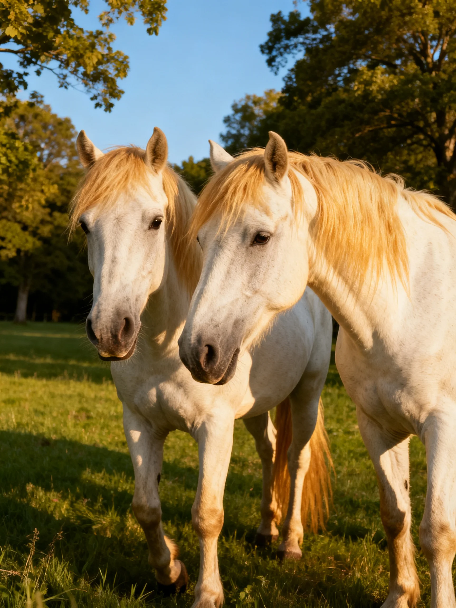 Two white horses with golden manes stand in a sunlit meadow