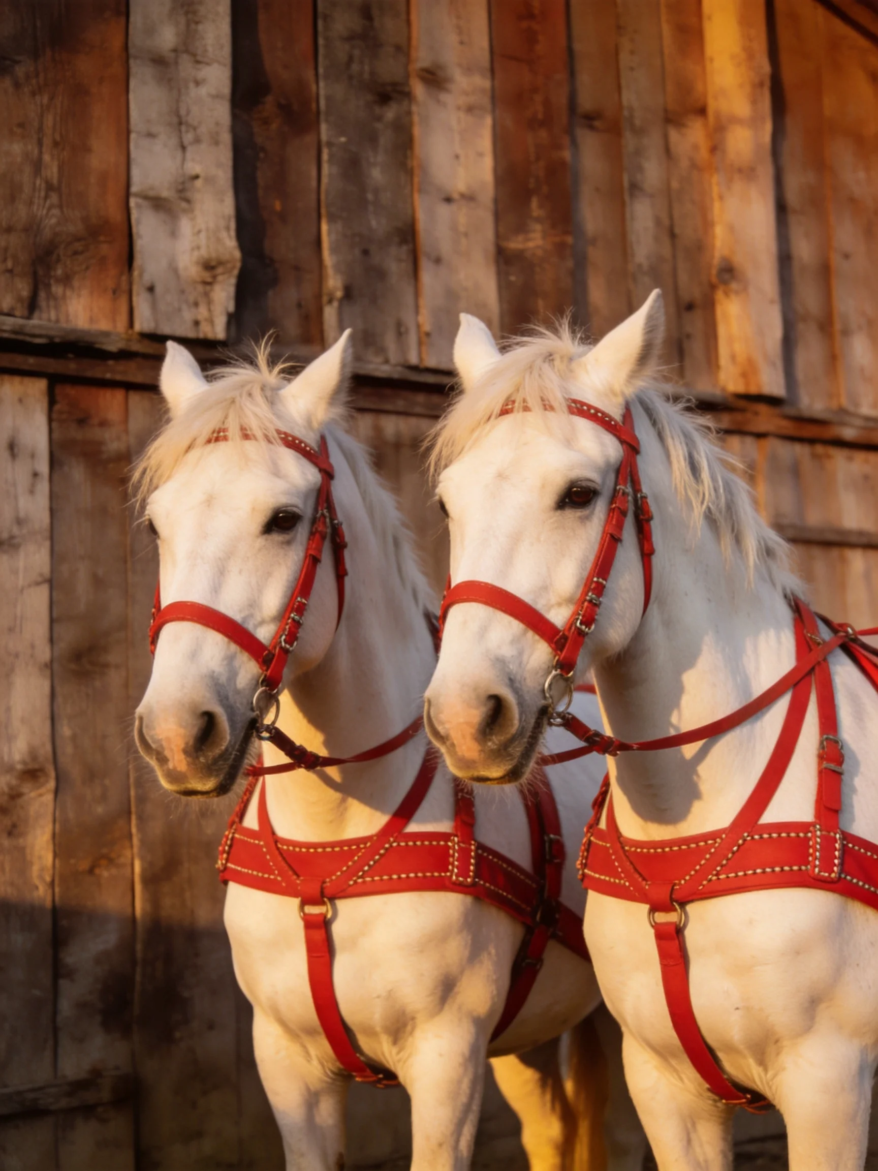 Two white horses with red harnesses near a weathered wooden barn