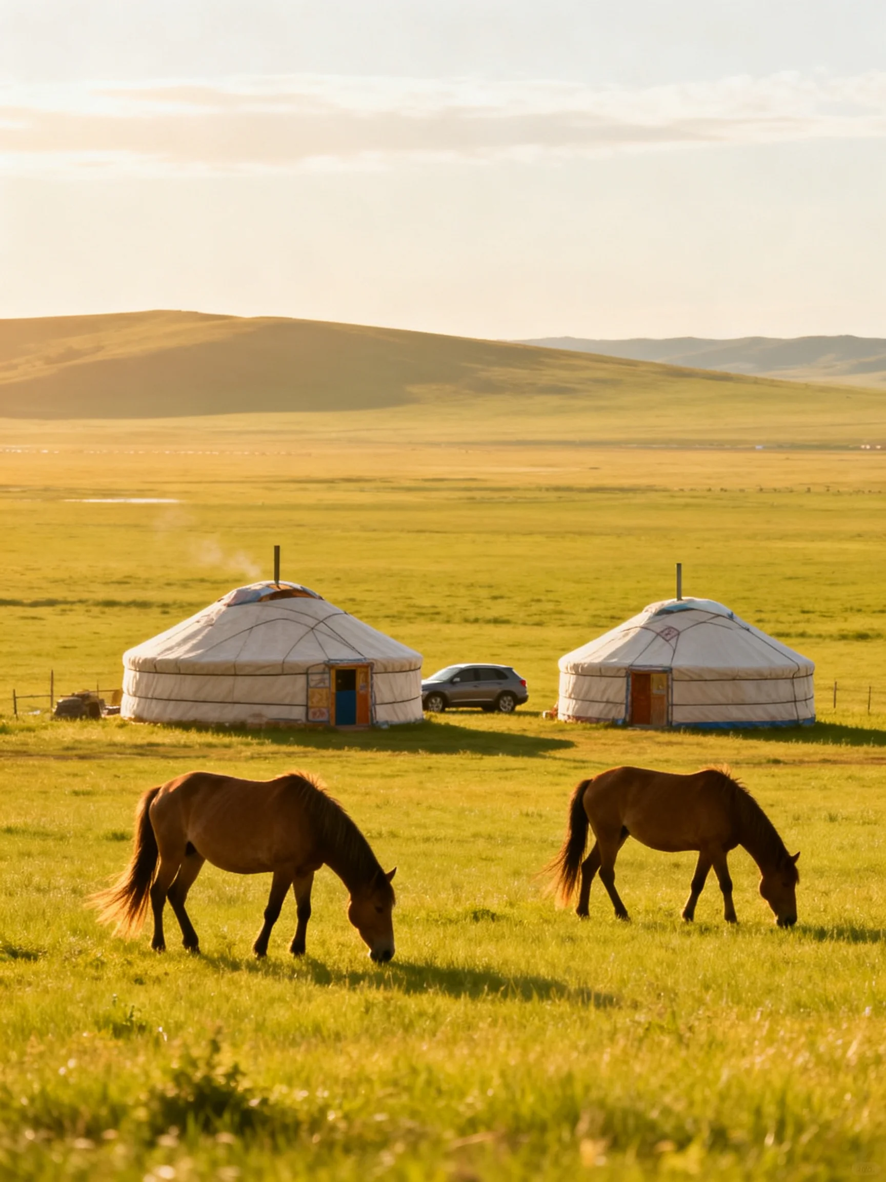 Two white yurts near brown horses on sunlit grassland