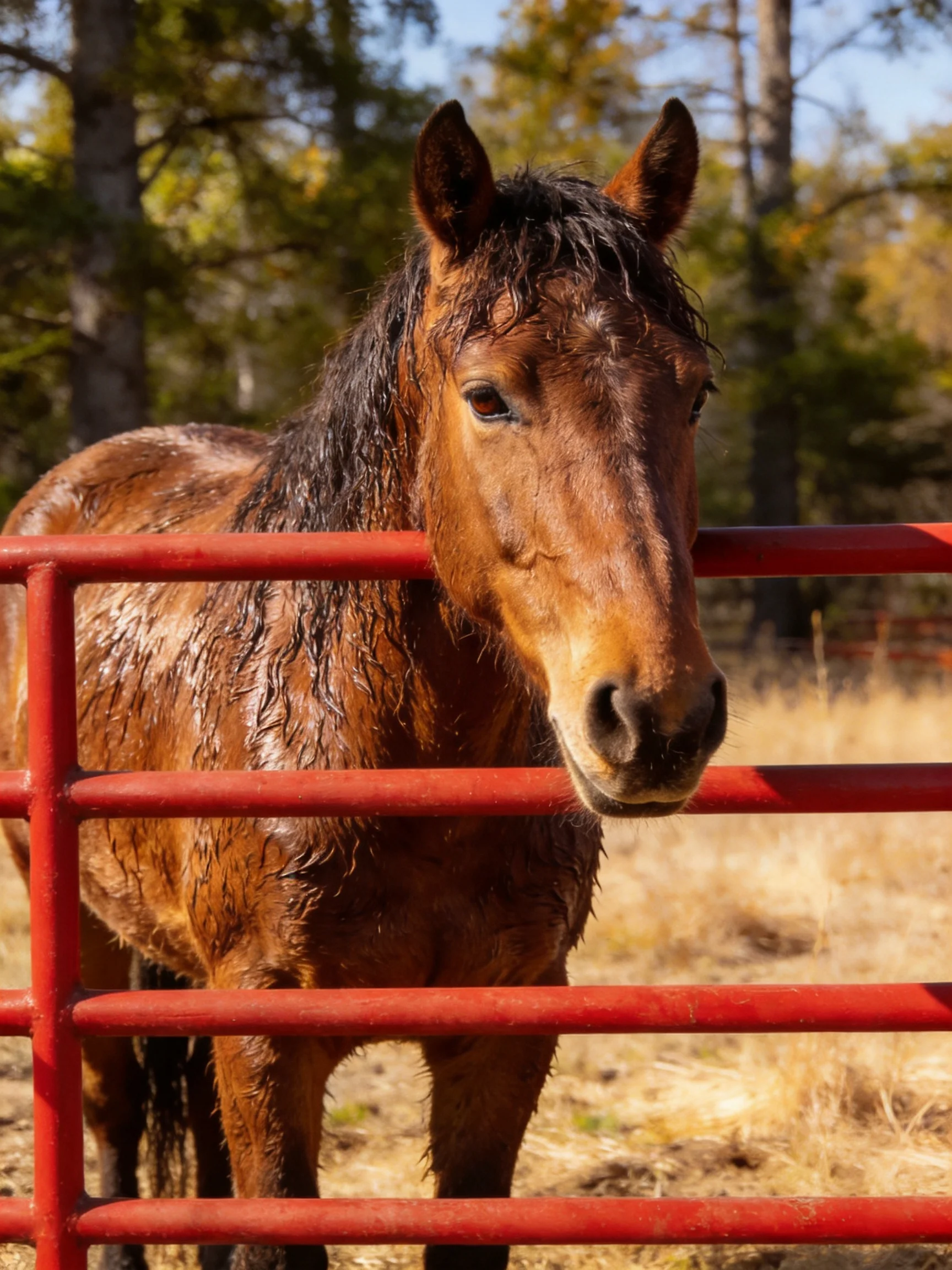 Wet brown horse near bright red metal fence in wooded area
