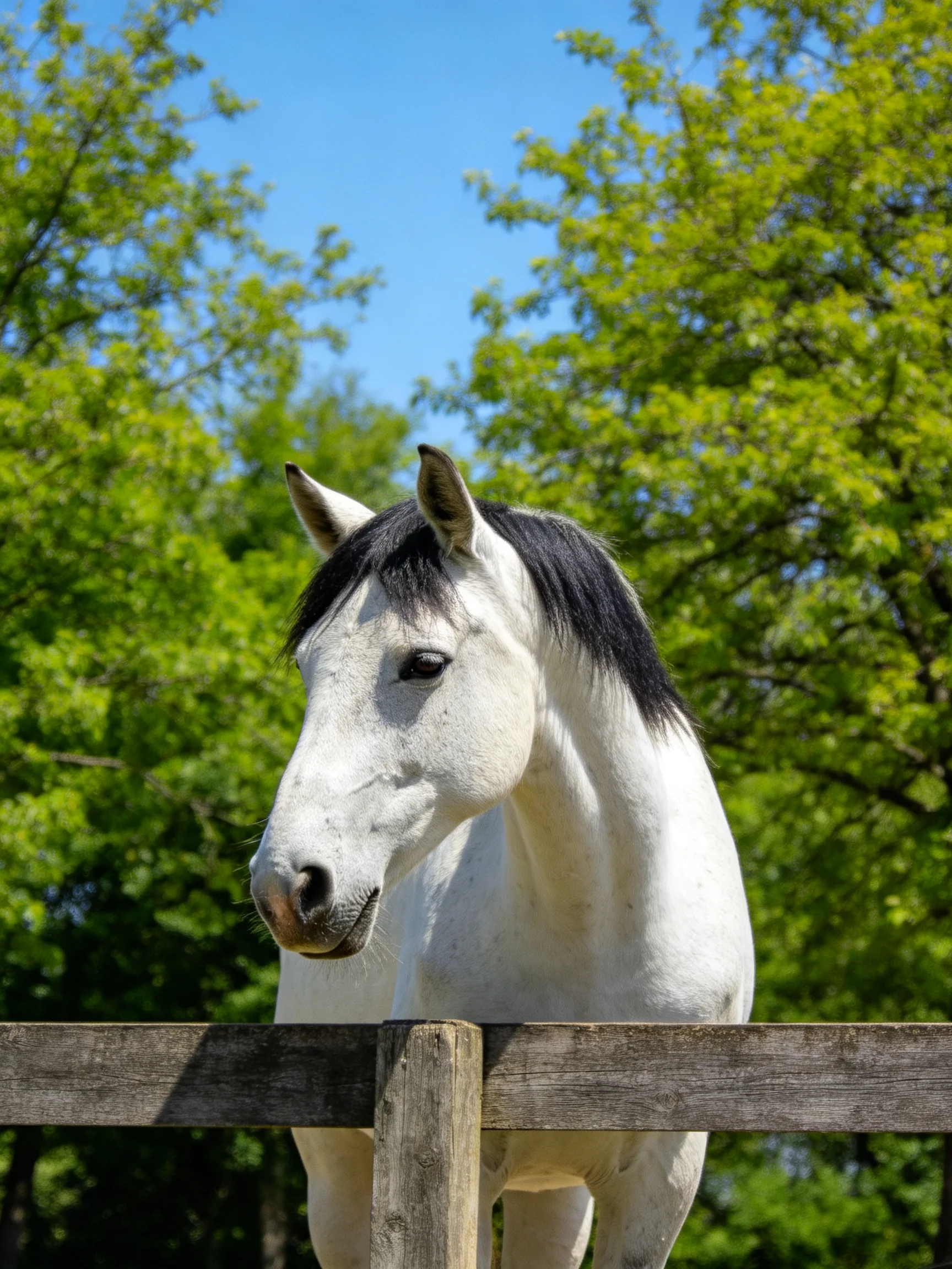 White Horse with Black Mane Near Wooden Fence Among Lush Green Trees