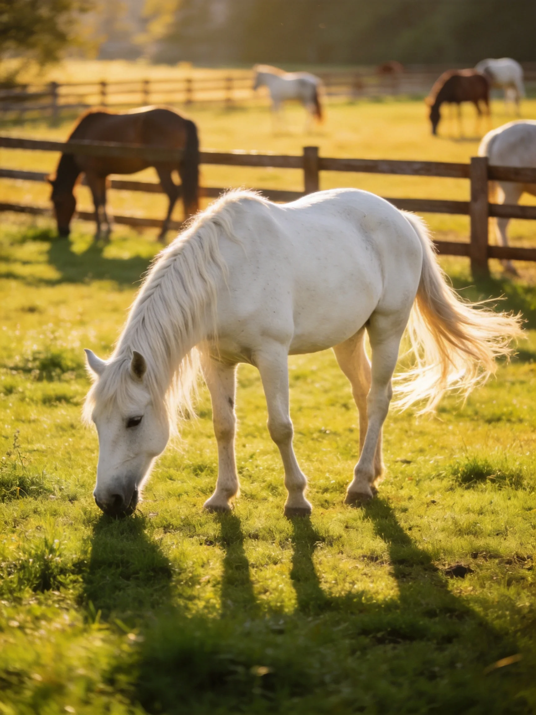 Horses of different colors graze in a sunlit fenced pasture.