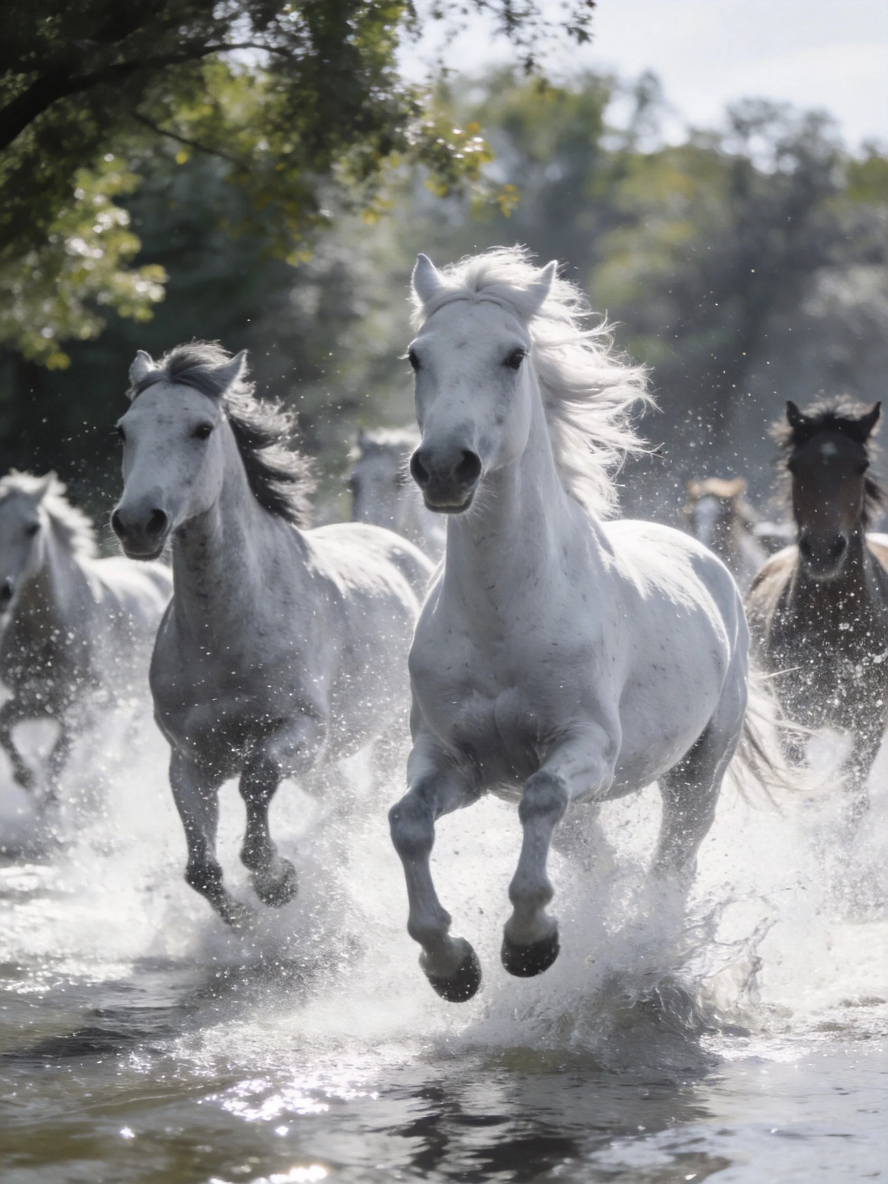 White and dark horses gallop through splashing water near green trees