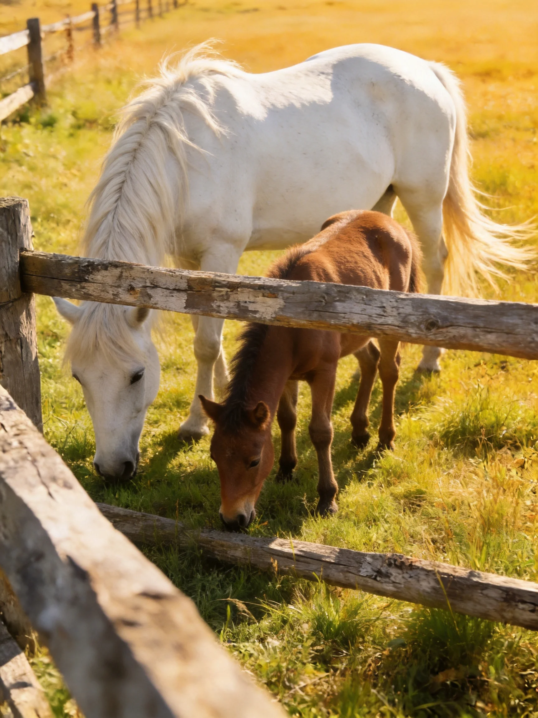 Two horses graze near a wooden fence in a sunlit field.
