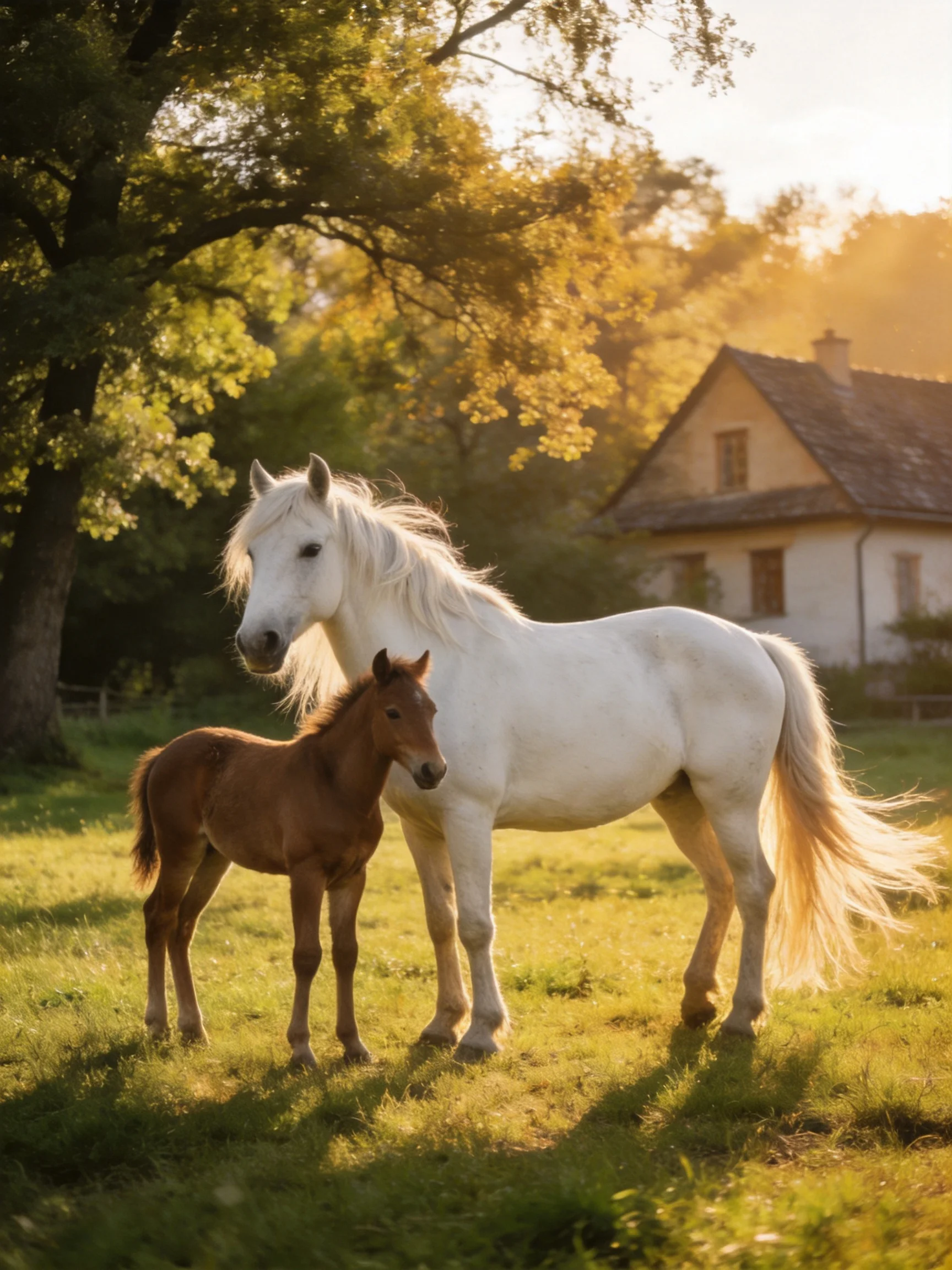A white horse and young foal stand together in a sunlit meadow near an old cottage.