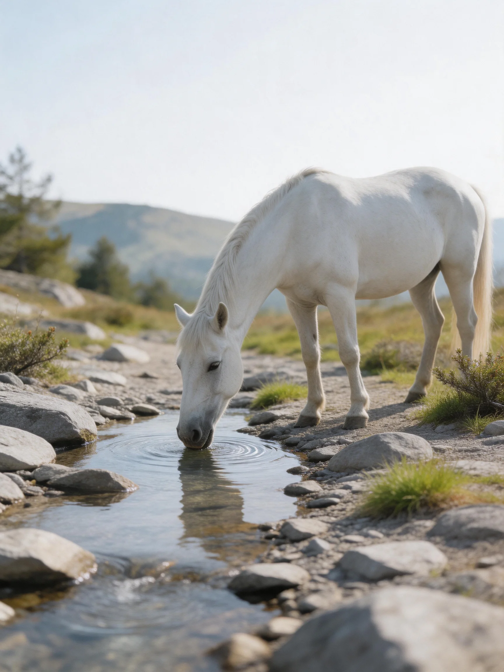 White horse drinking from rocky stream in mountainous terrain
