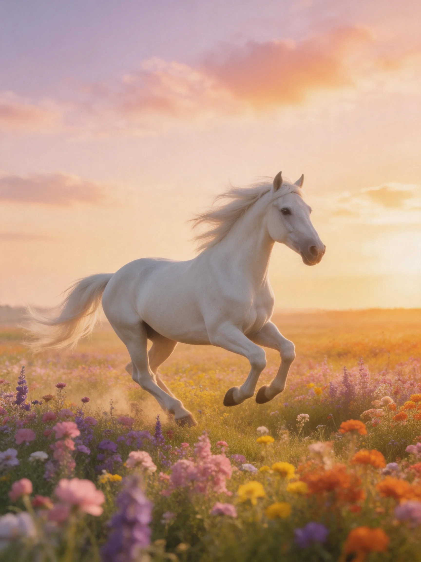 White horse galloping through a vibrant flower field at sunset