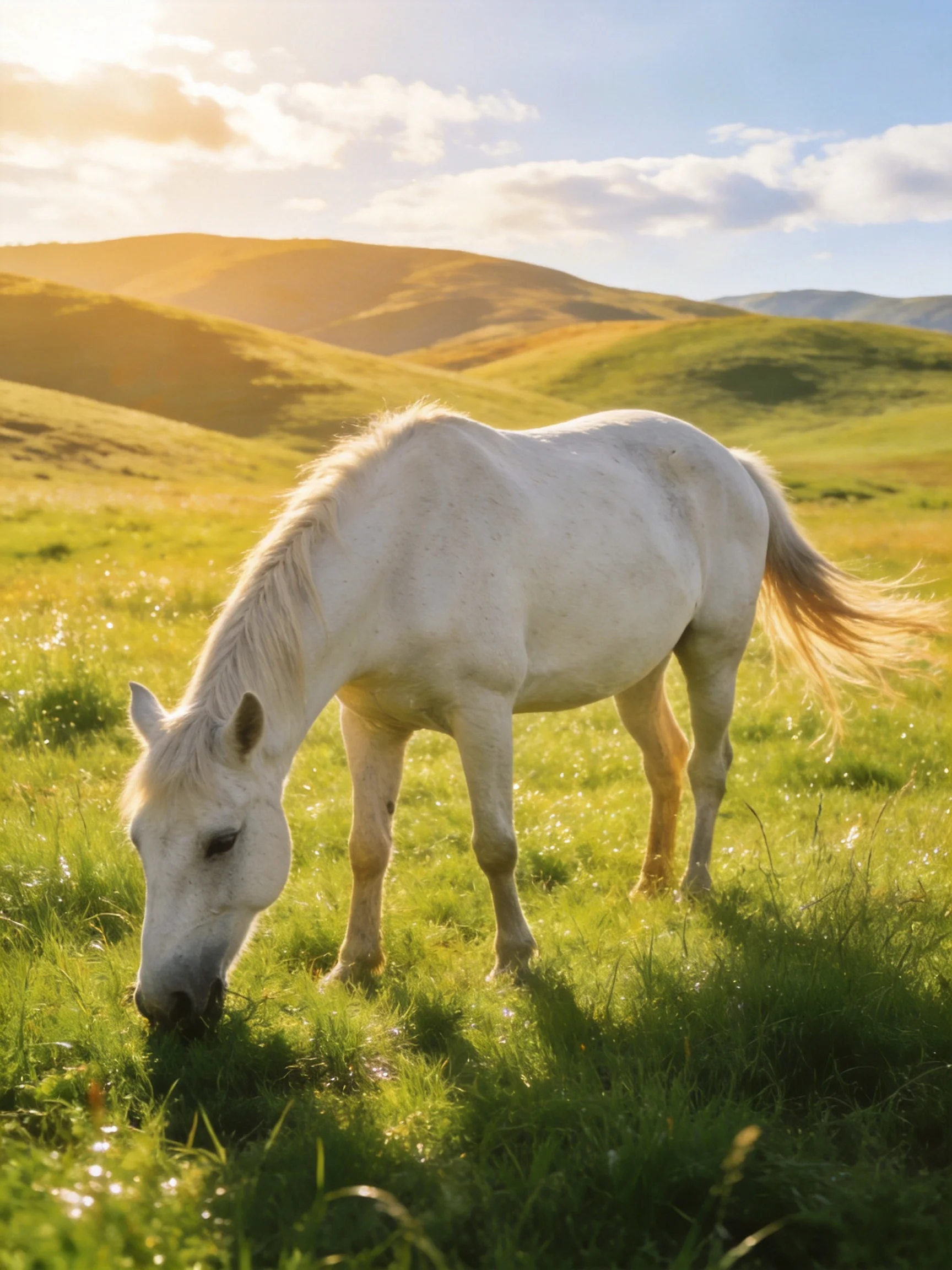 White horse grazing in a sun-drenched green meadow with rolling hills