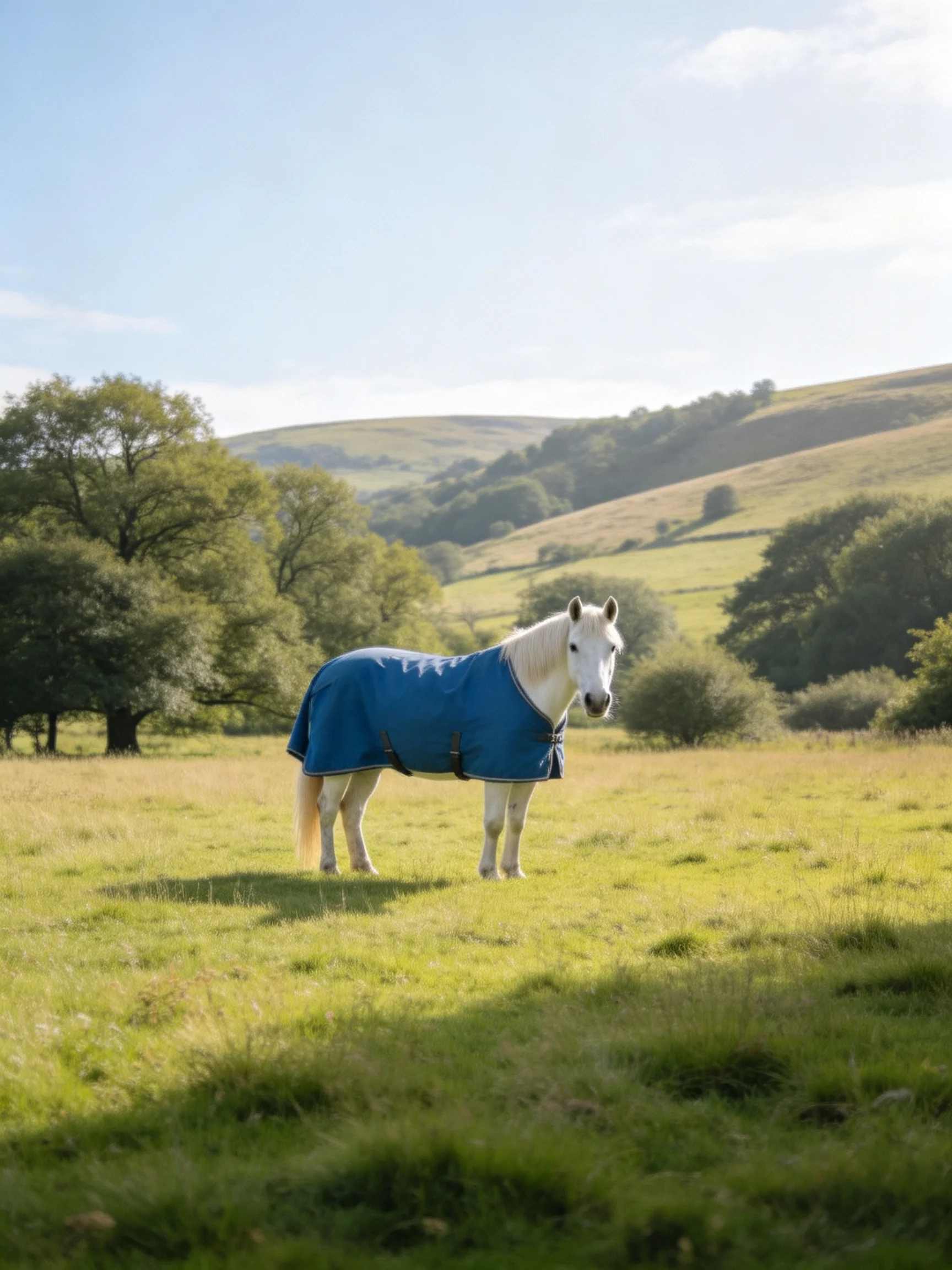 White horse in blue blanket in sunlit green meadow