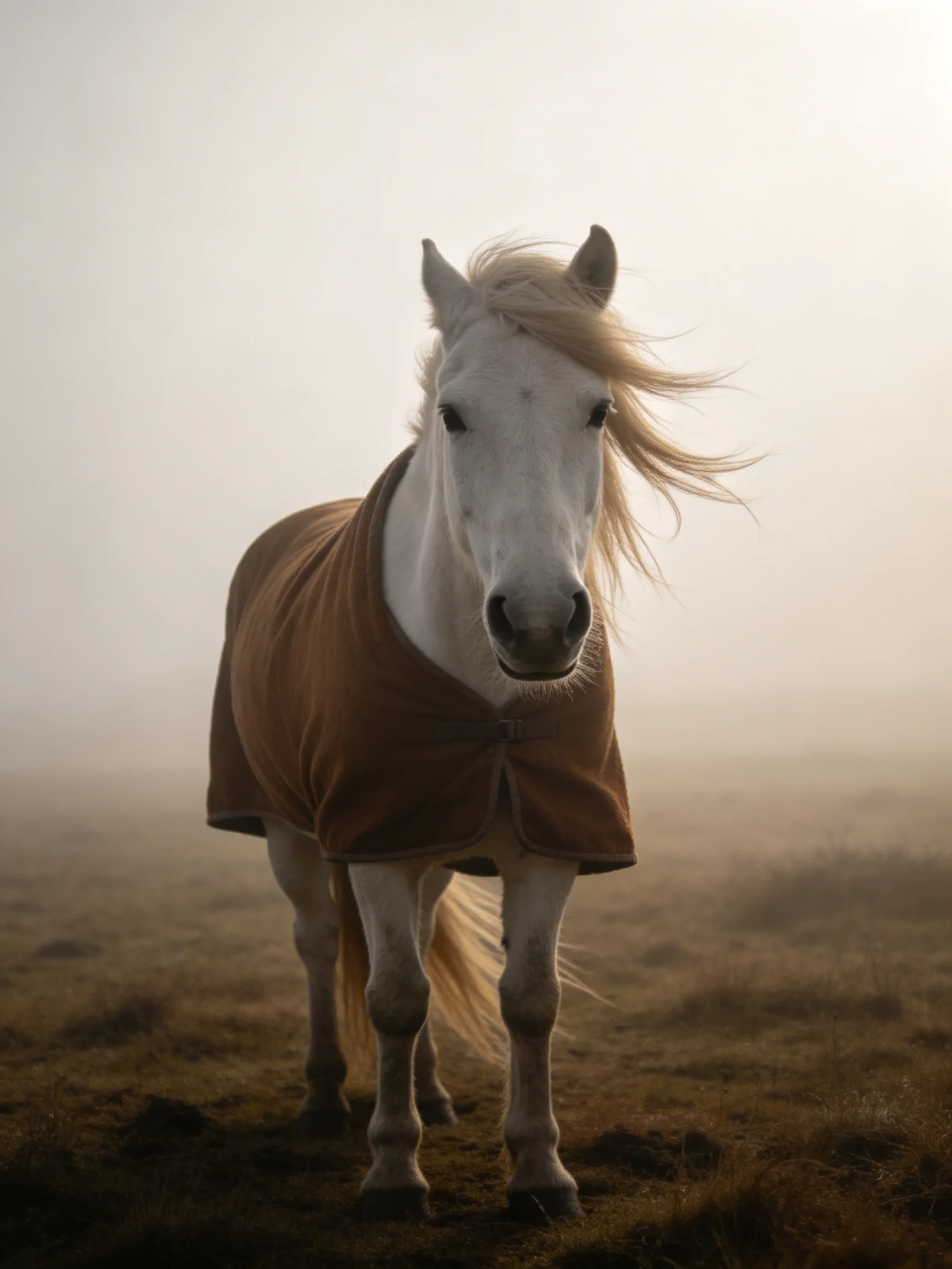 White horse in brown blanket amid misty open field