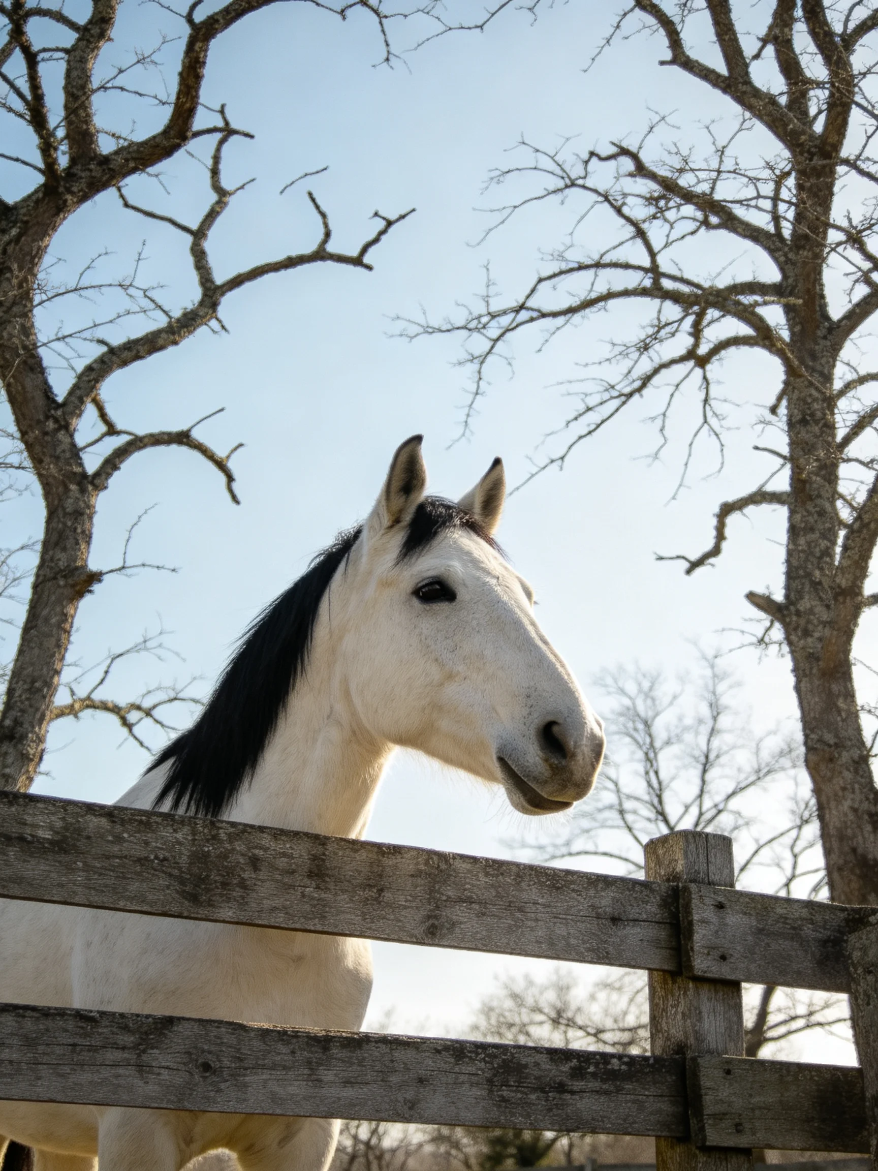White horse with black mane near aged wooden fence