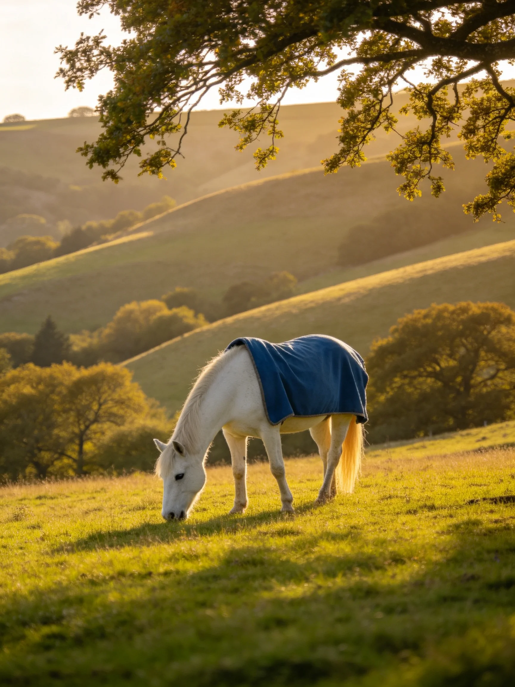 White horse with blue blanket grazing in golden countryside