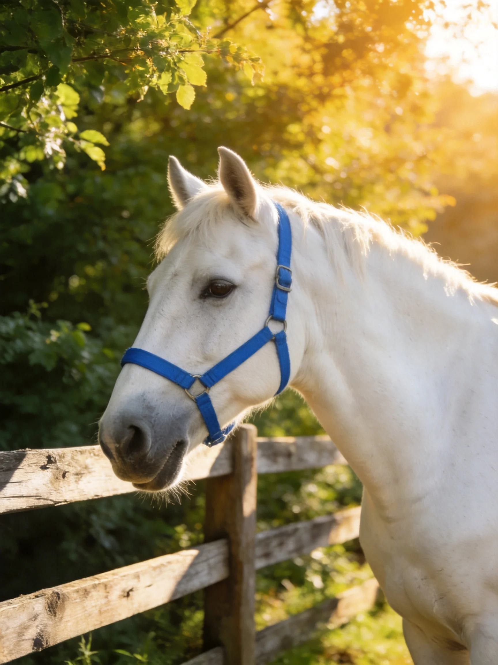 White horse with blue halter by wooden fence under golden sunlight