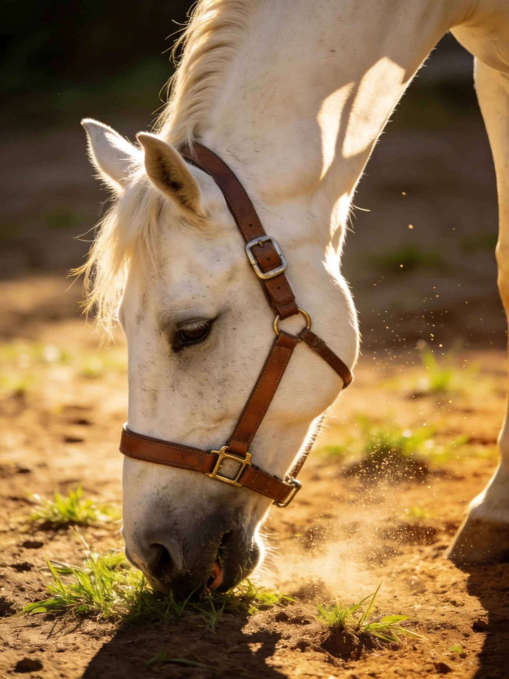 White horse with brown halter grazing on dusty ground