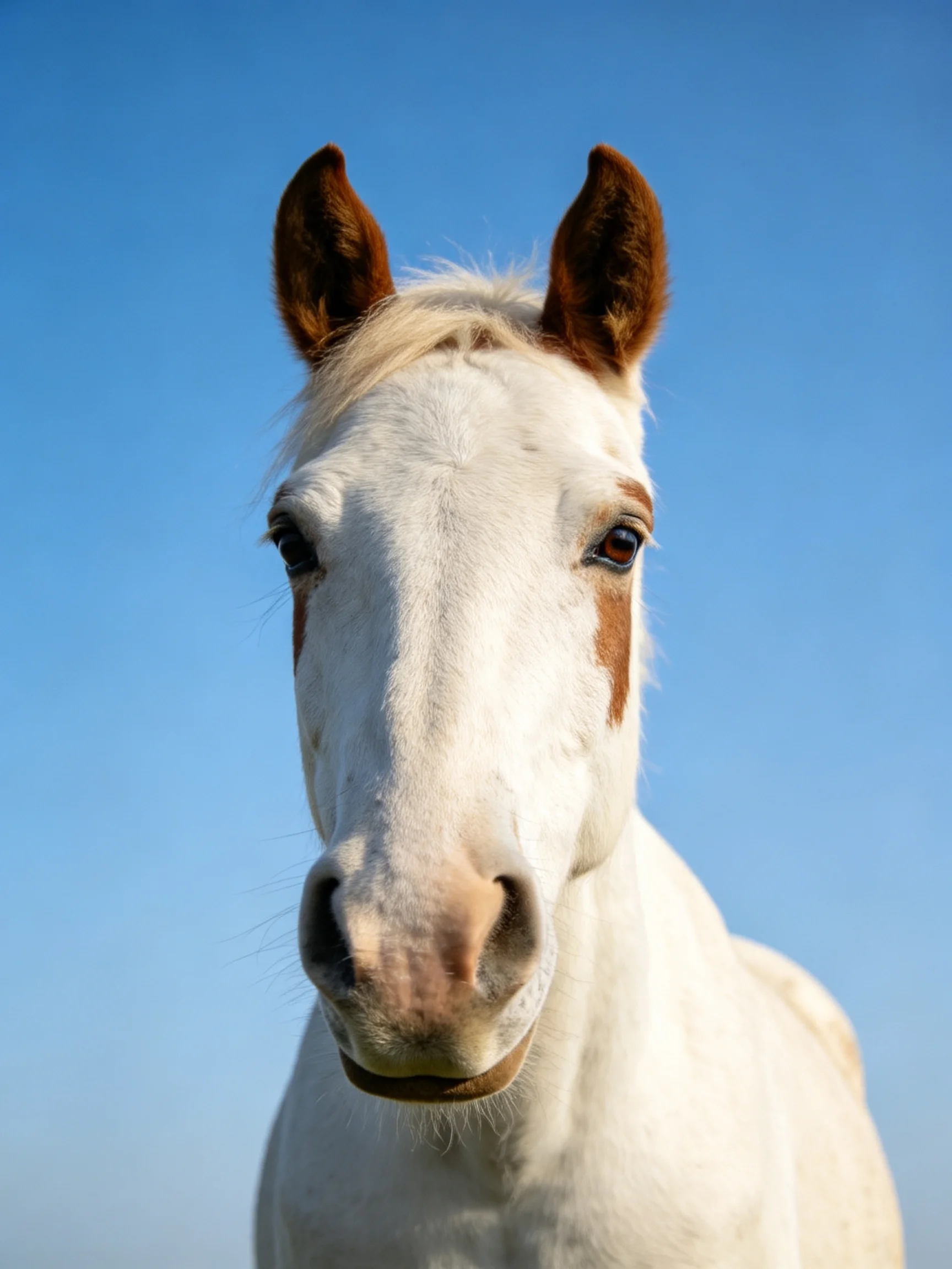 White horse with brown markings stands before a clear blue sky