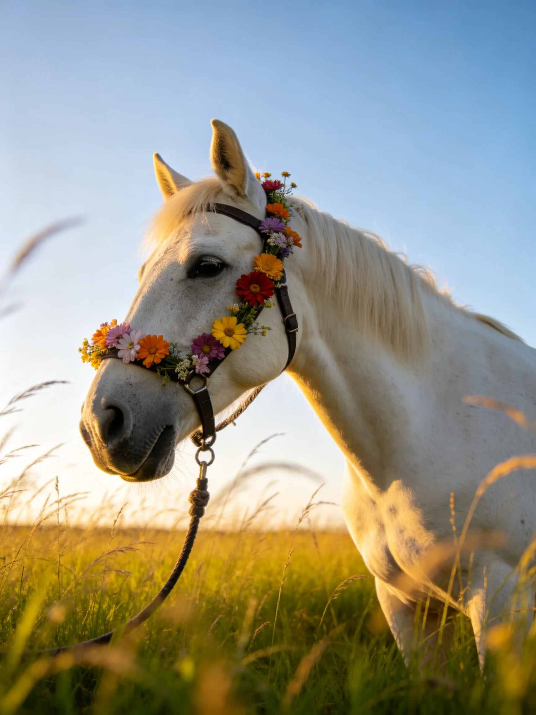 A white horse with a flower-decorated bridle stands in a sunlit grassy field.