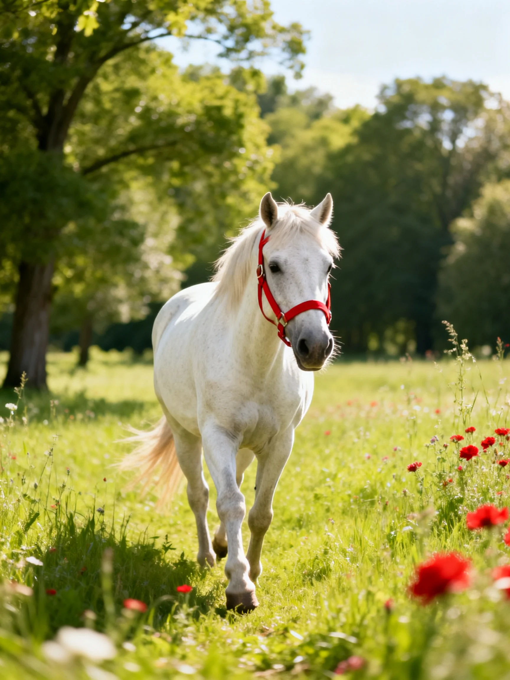 White horse with red halter walks through lush green meadow