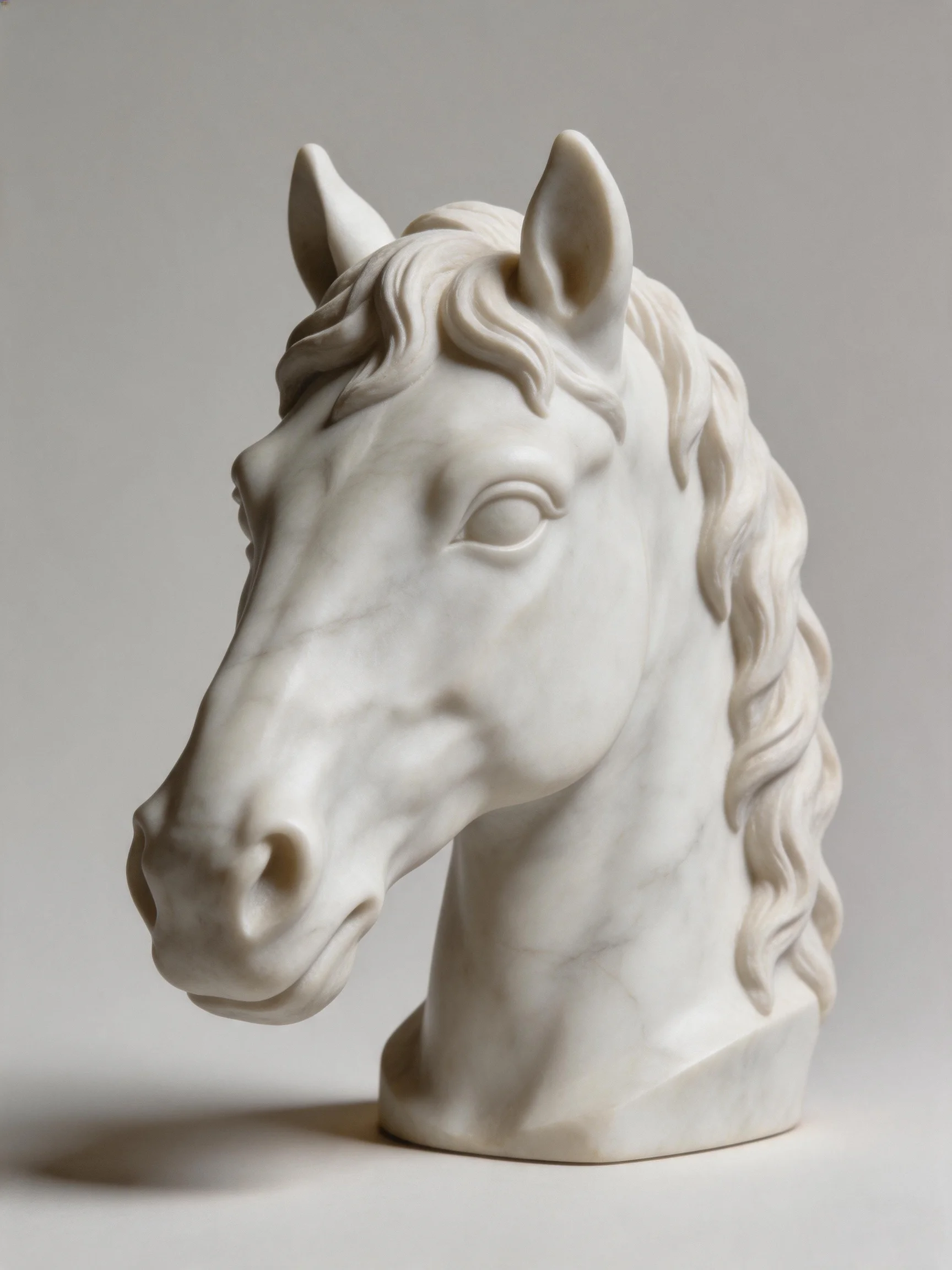 White marble horse head bust with detailed mane and ears