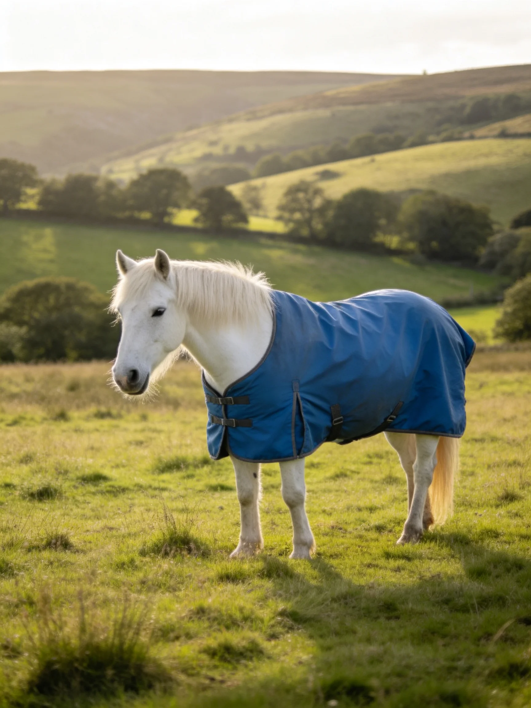 White pony in blue blanket on green meadow