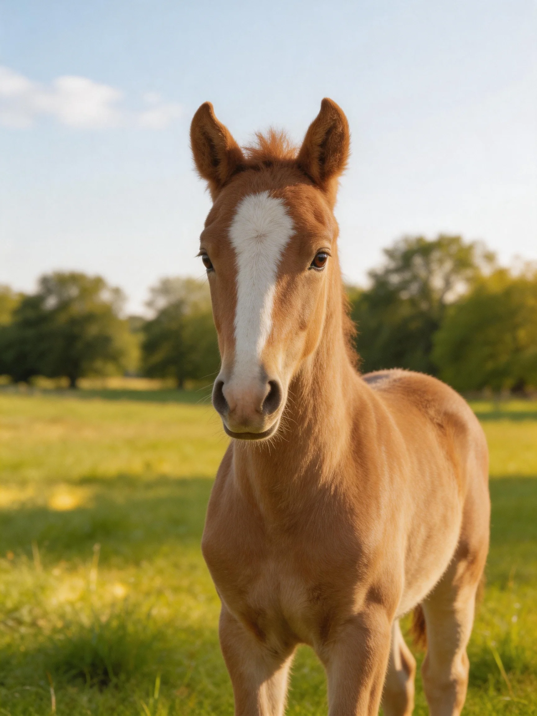 Young chestnut foal with white blaze in sunlit meadow