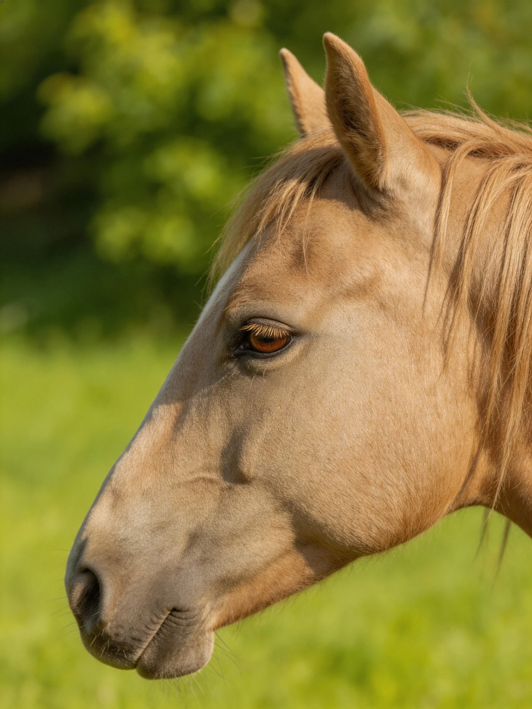 light A tan horse with golden mane near lush green foliage