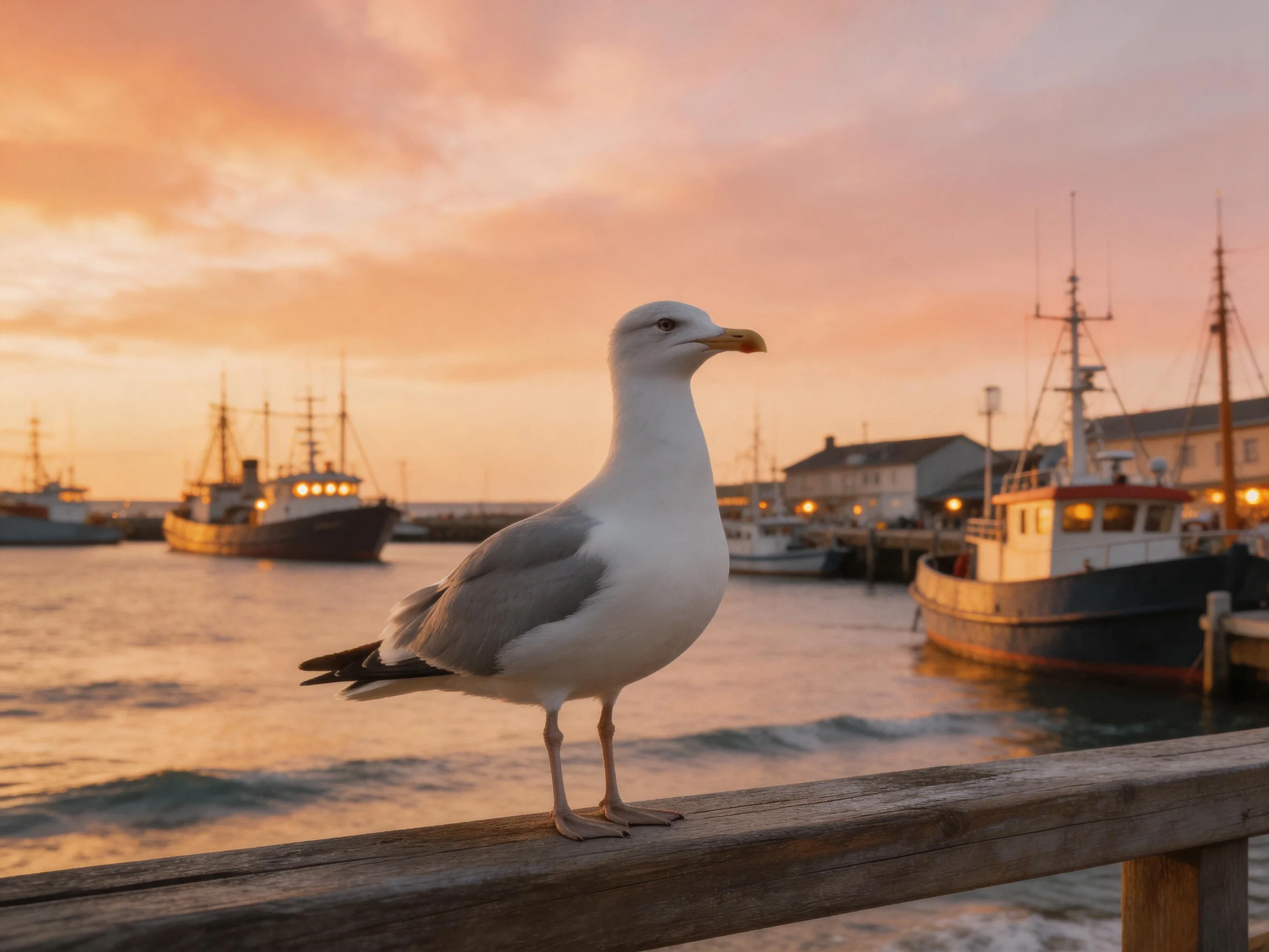 A Seagull Perched on a Wooden Rail Near Fishing Boats at Sunset