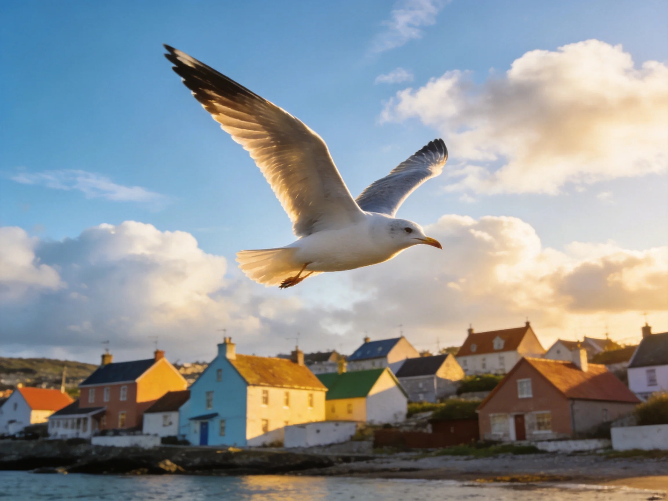 A Seagull Soars Above Vibrant Coastal Cottages