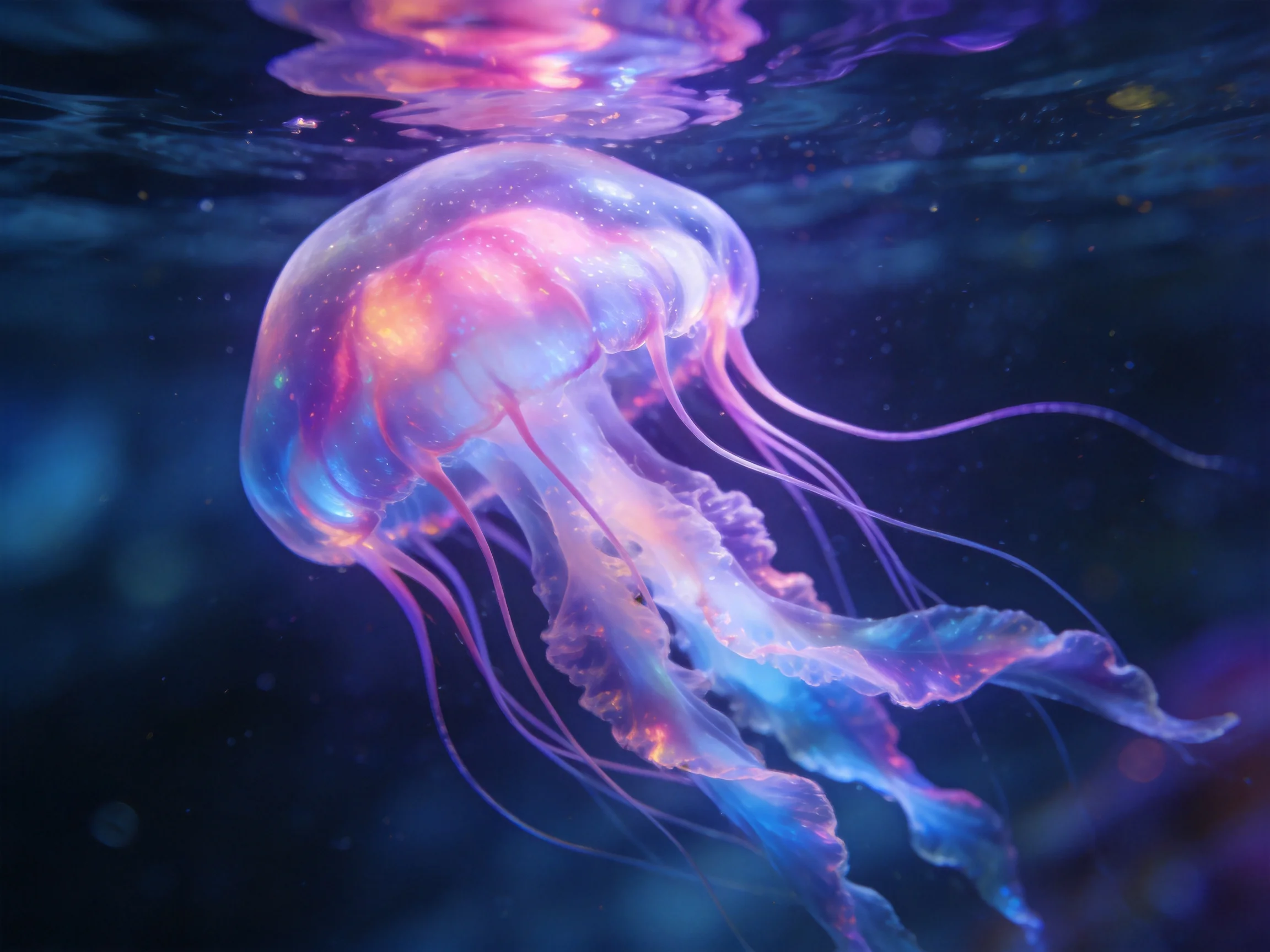 A bioluminescent jellyfish with pink and blue hues swims in dark water