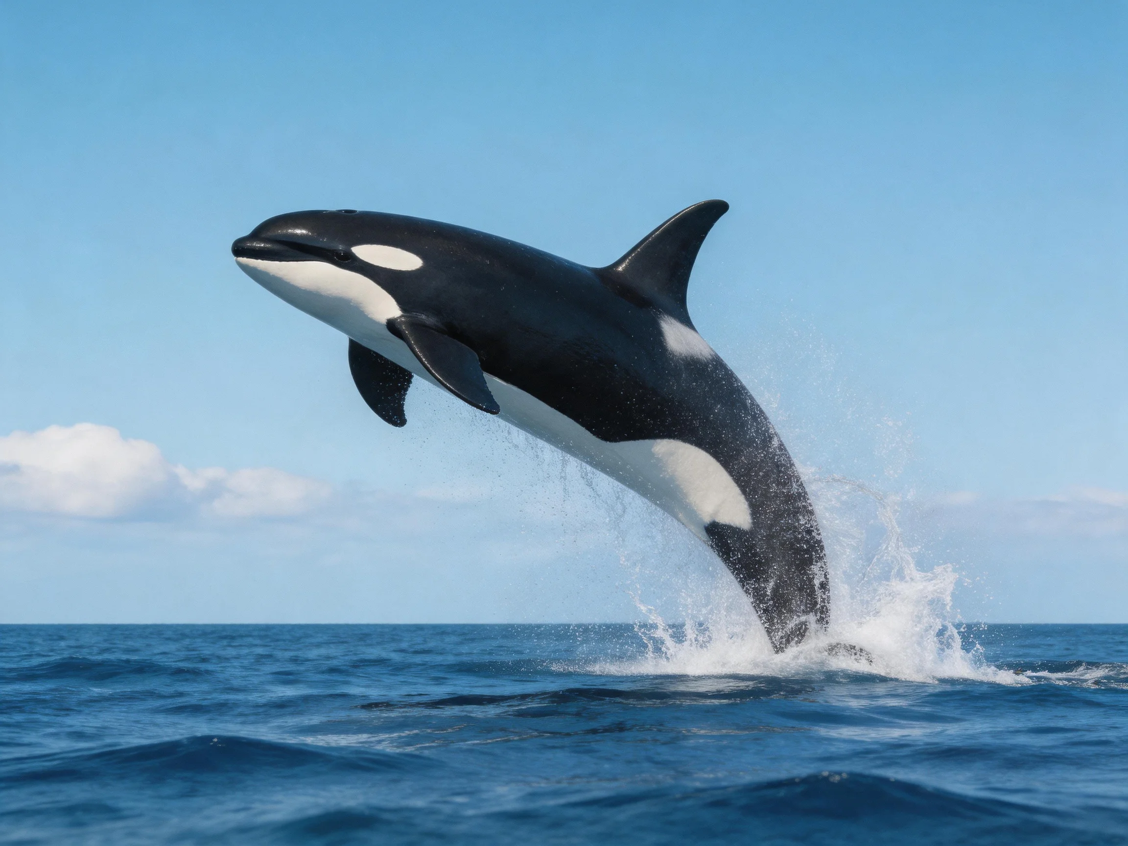 A black-and-white killer whale leaps from deep blue ocean waters