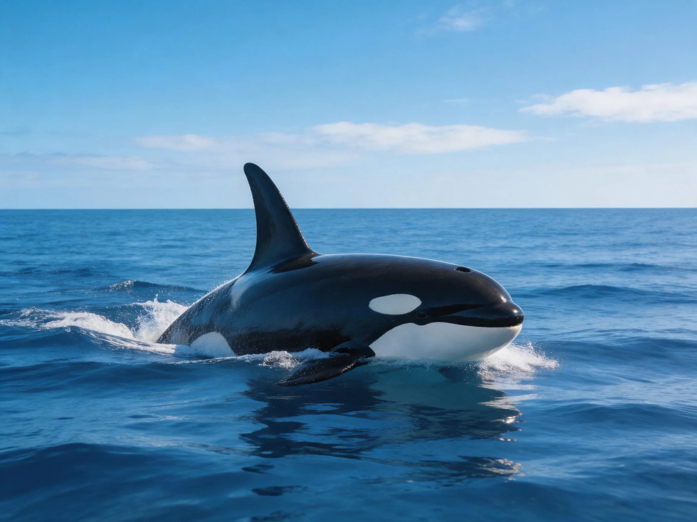 A black and white orca breaching in deep blue ocean