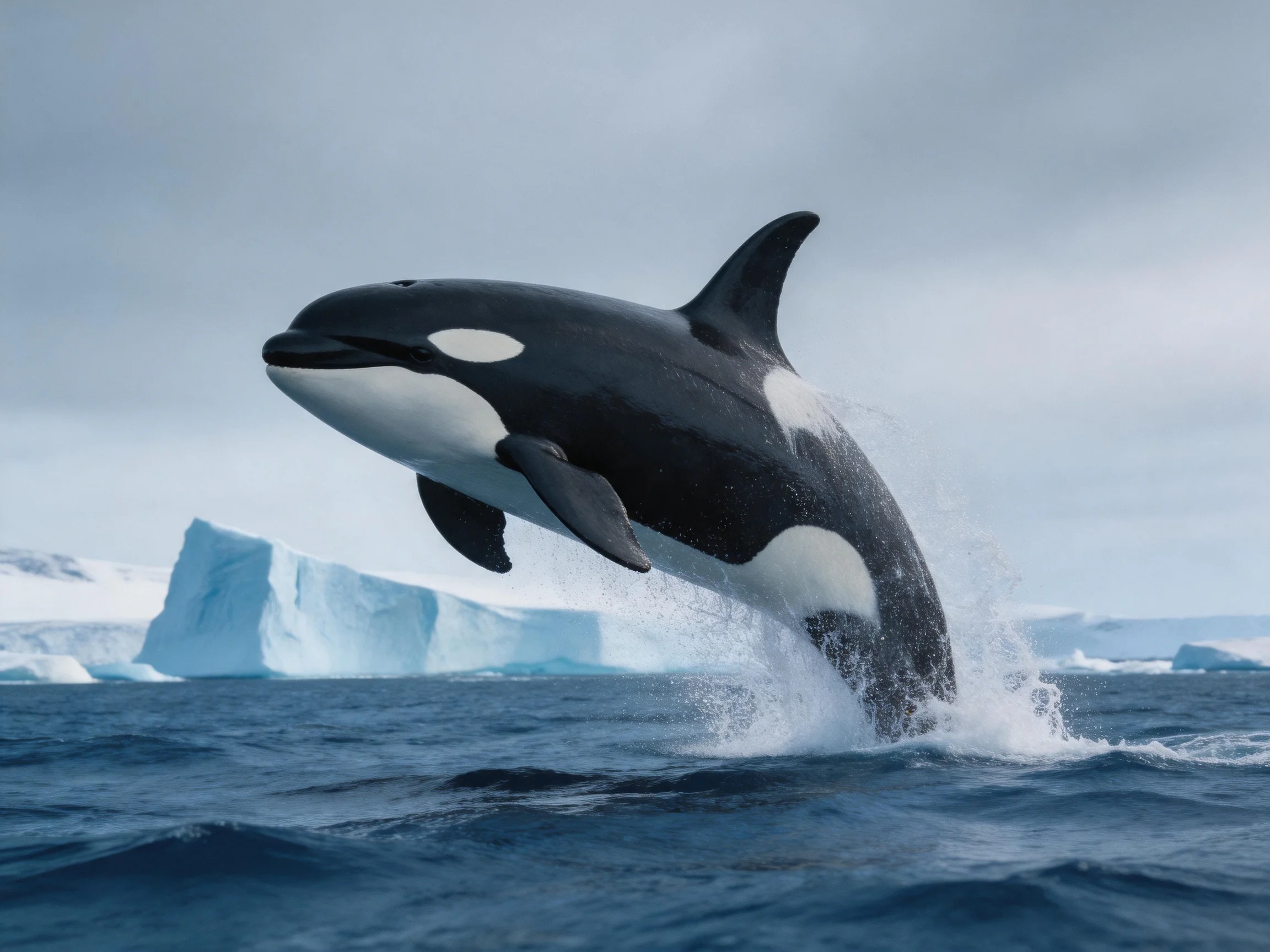 A black-and-white orca breaching near icy Antarctic waters