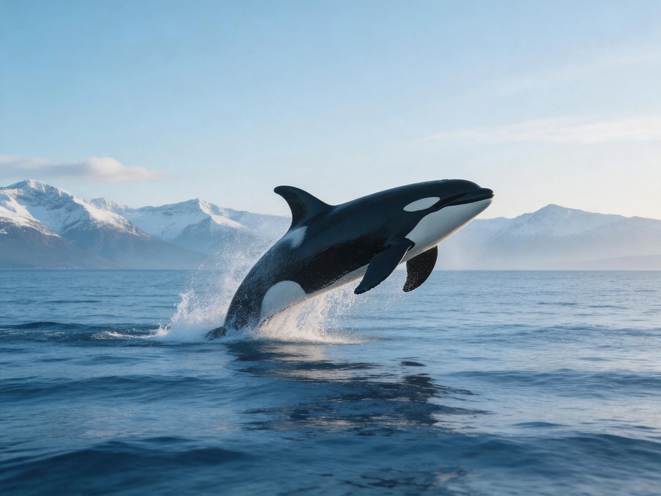 A black-and-white orca leaps from calm blue waters near snow-capped mountains