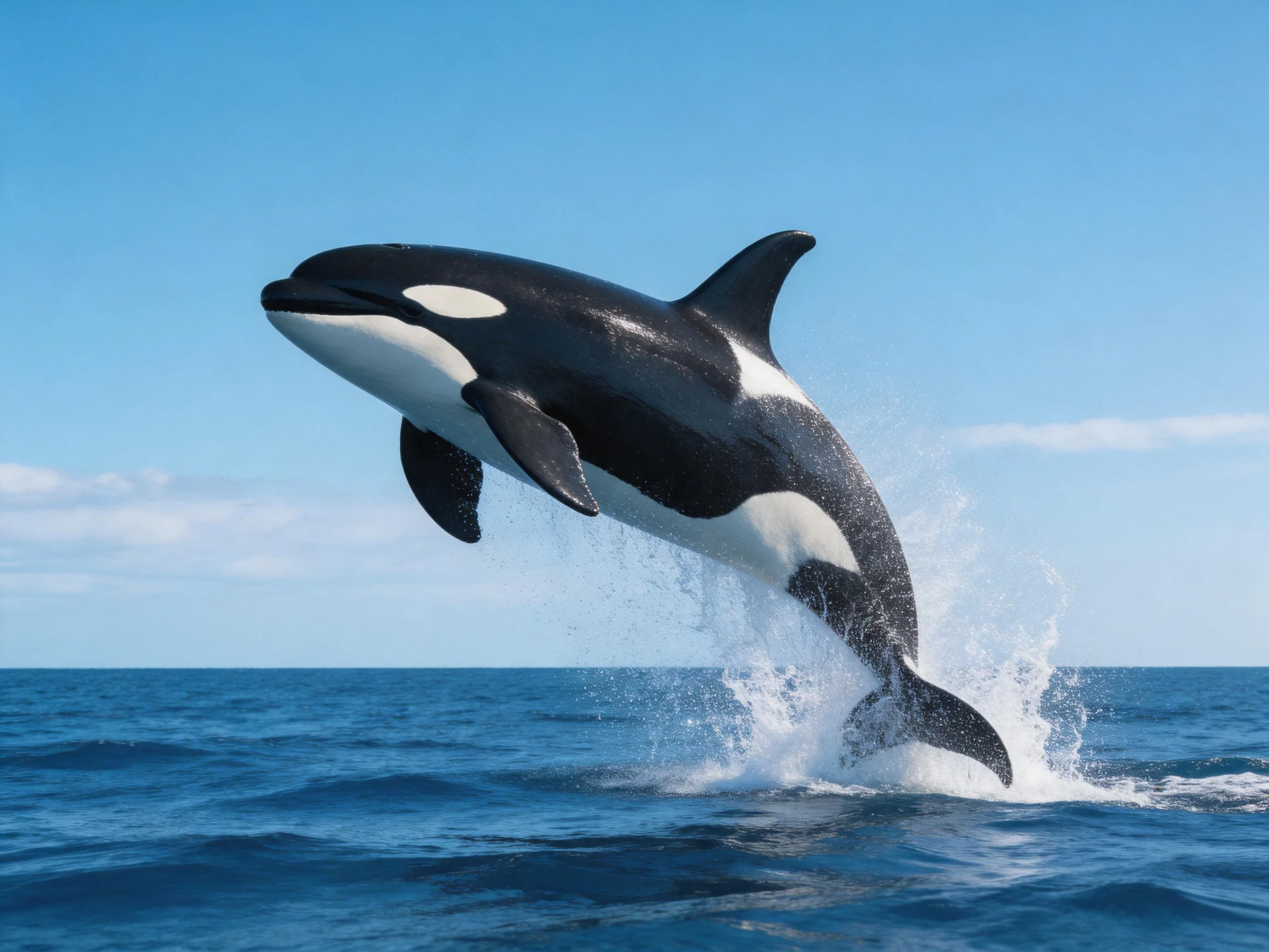 A black-and-white orca leaps from deep blue ocean waters
