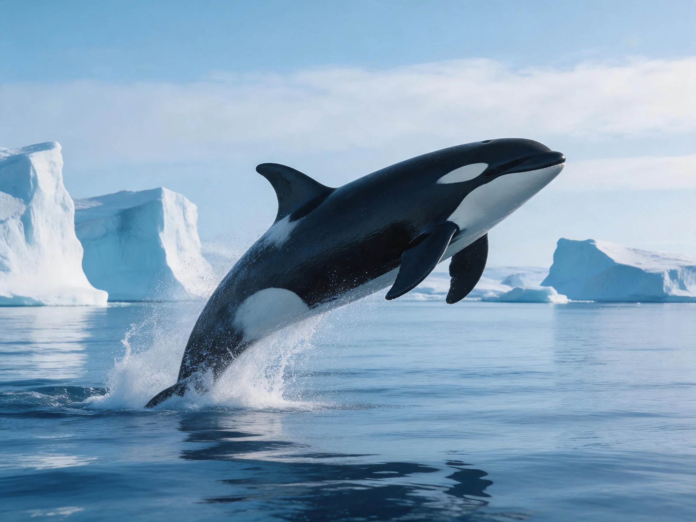 A black-and-white orca leaps from icy waters near large icebergs