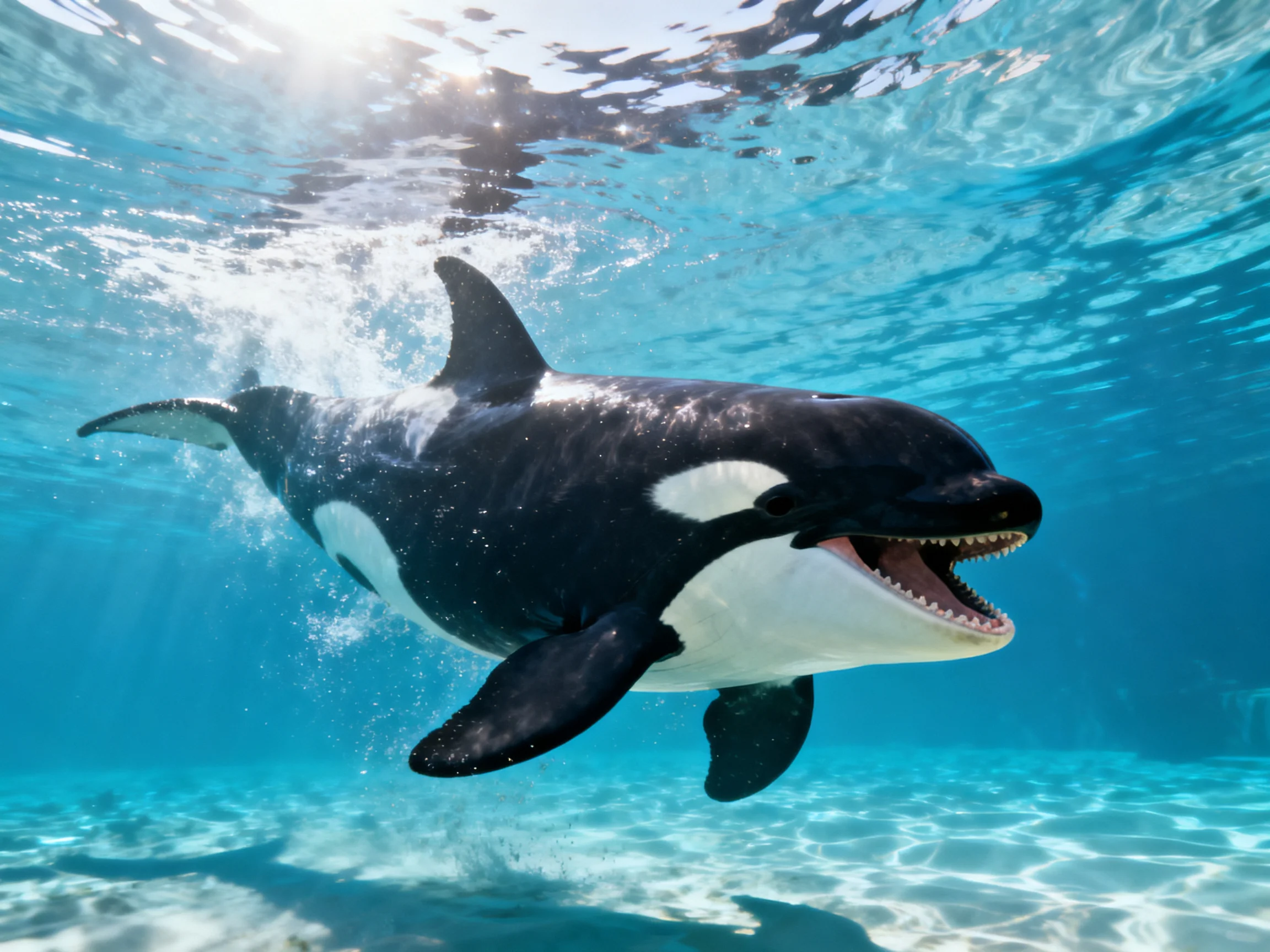 A black-and-white orca swims in clear turquoise water with sunlight