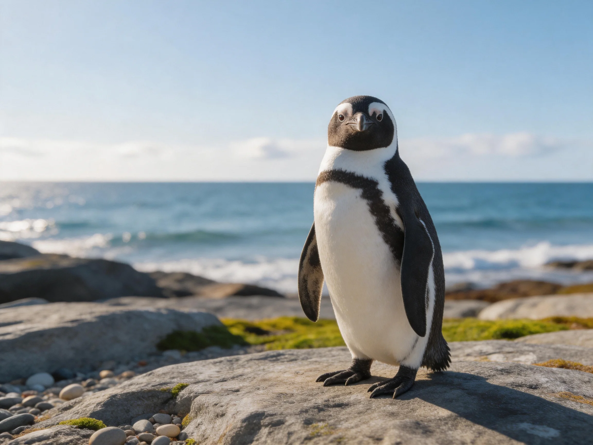 A black and white penguin stands on a mossy coastal rock by the sea