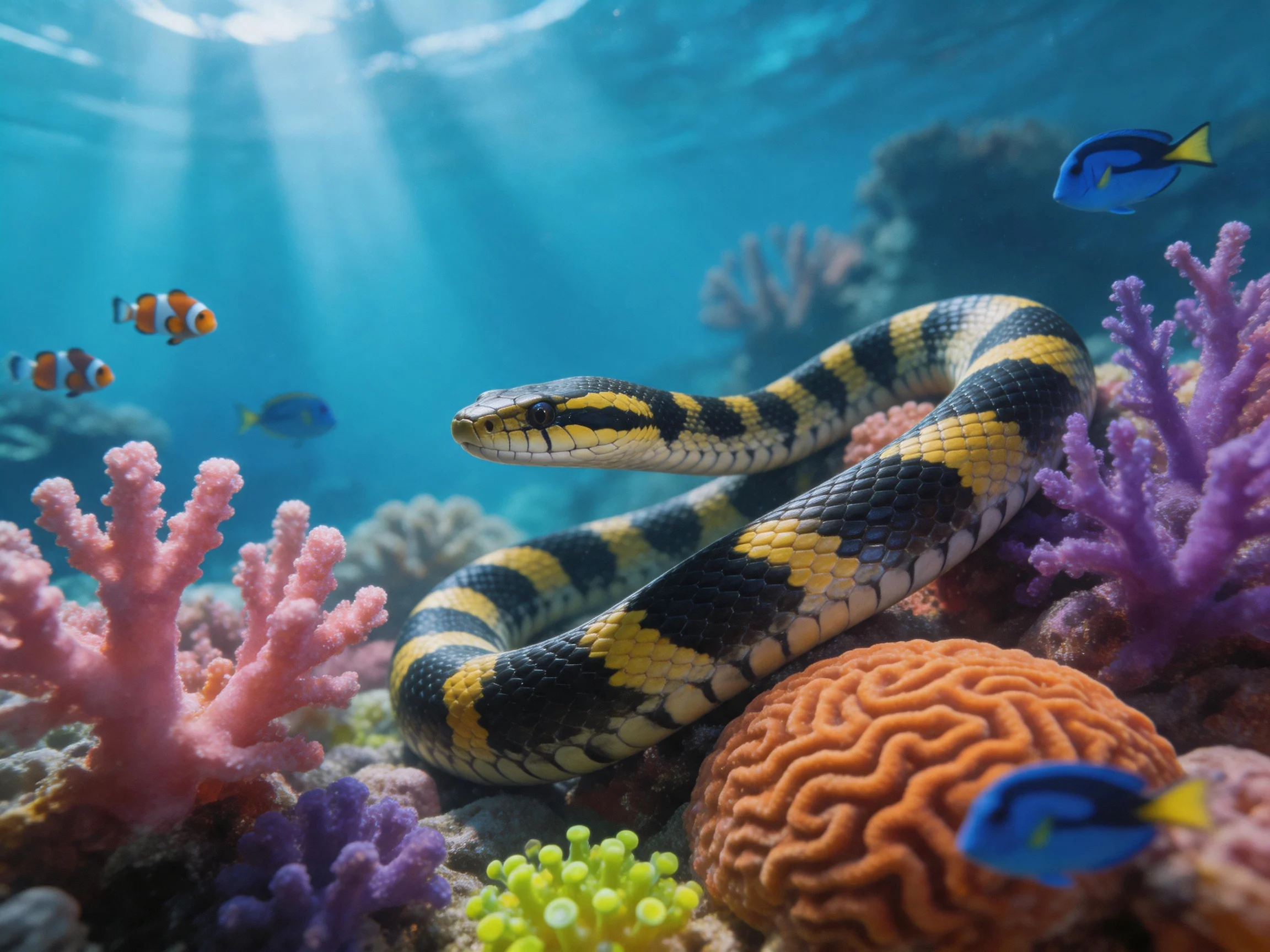 A black-and-yellow snake among colorful coral reefs with tropical fish