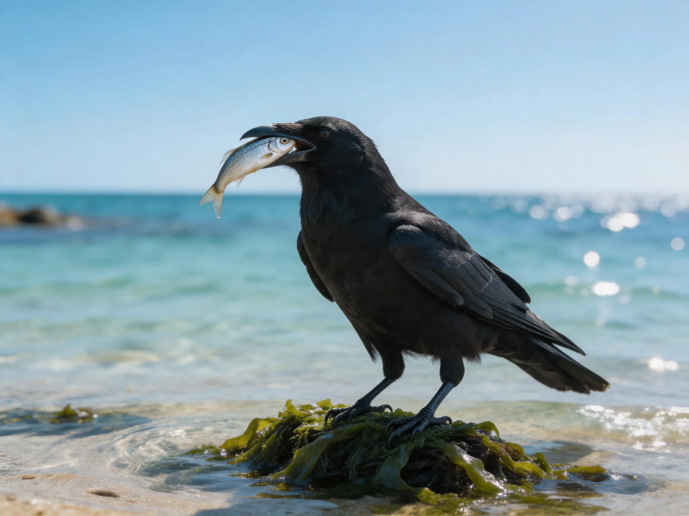 A black crow holds a silver fish on seaweed by the shore